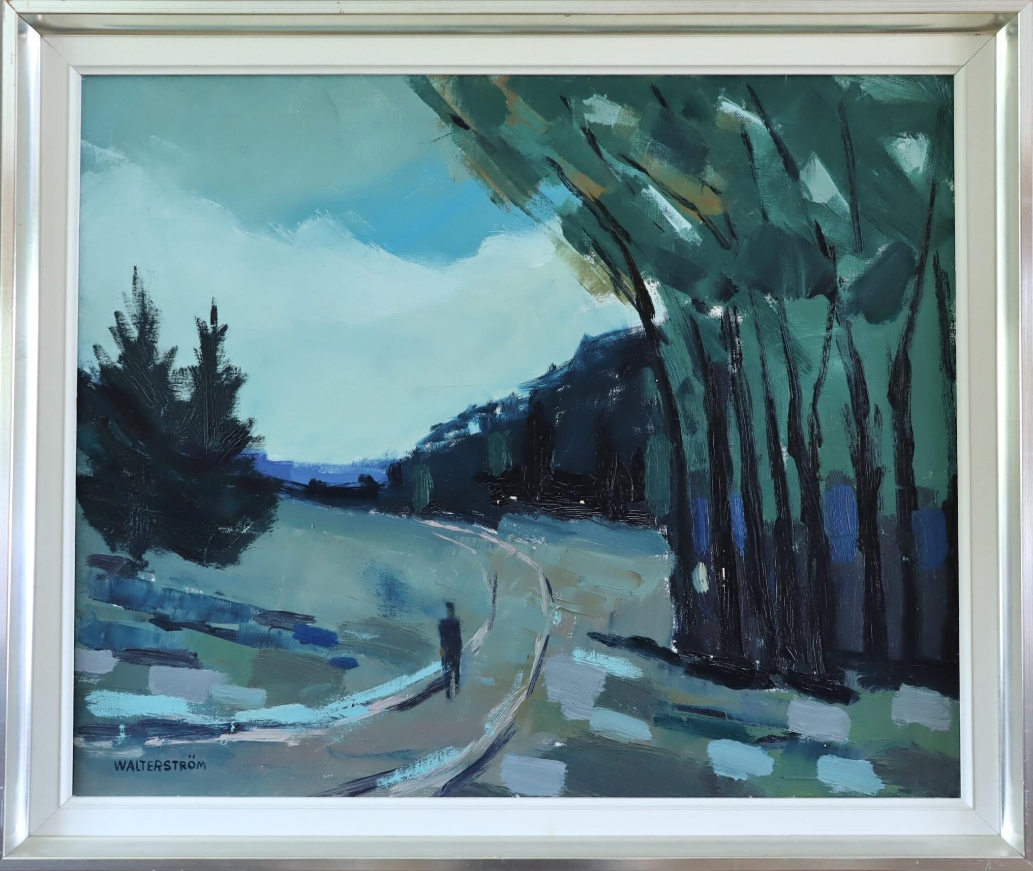 Mid Century Modern Swedish Expressive Landscape Oil Painting -The Long Turn Home