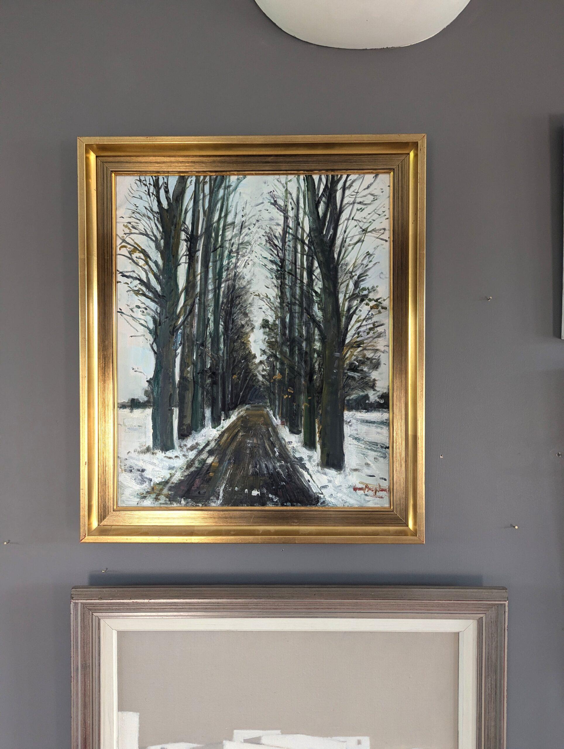 Mid Century Modern Swedish Expressive Landscape Oil Painting - Winter Pathway - Brown Landscape Painting by Unknown