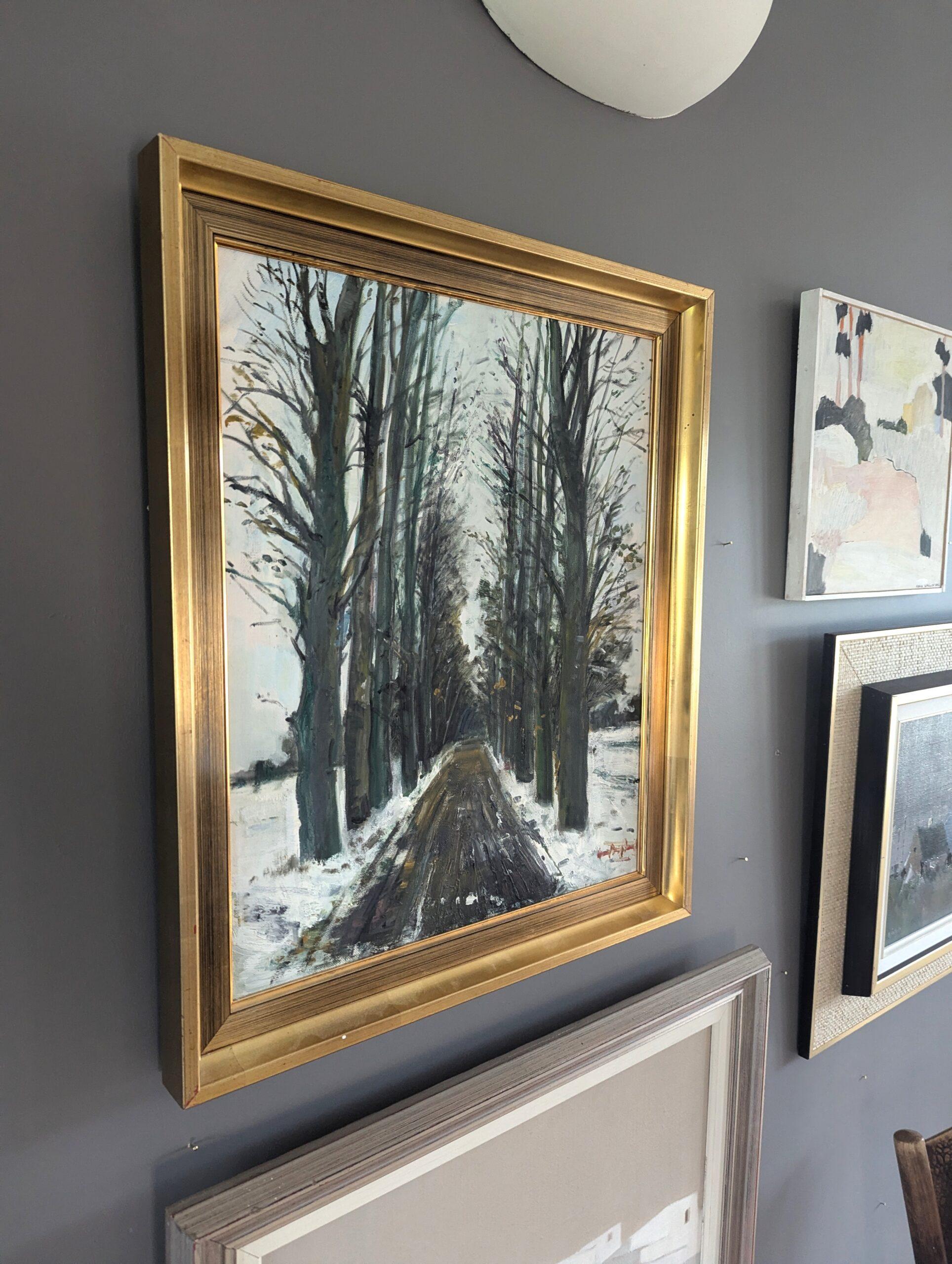 Mid Century Modern Swedish Expressive Landscape Oil Painting - Winter Pathway For Sale 1