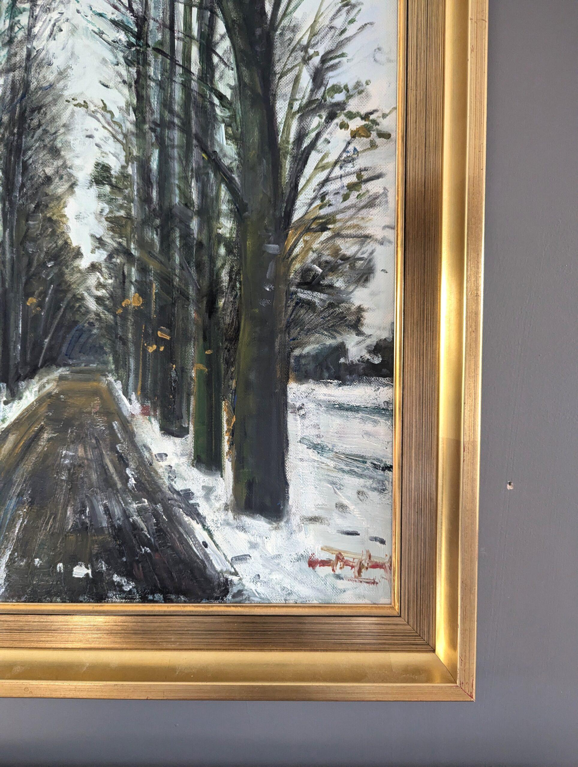 Mid Century Modern Swedish Expressive Landscape Oil Painting - Winter Pathway For Sale 5