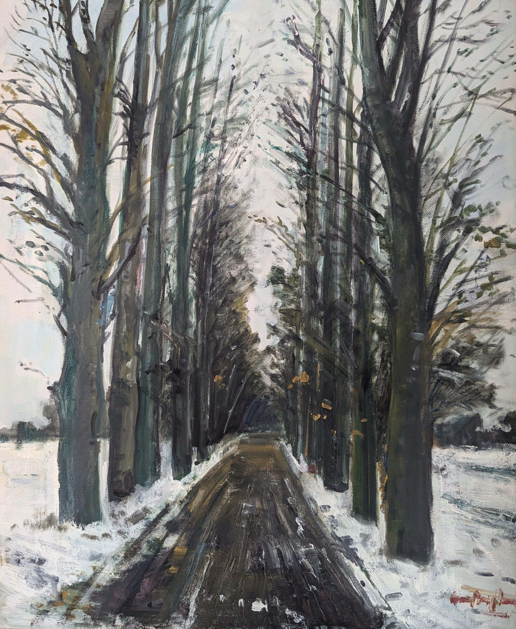 Mid Century Modern Swedish Expressive Landscape Oil Painting - Winter Pathway For Sale 6