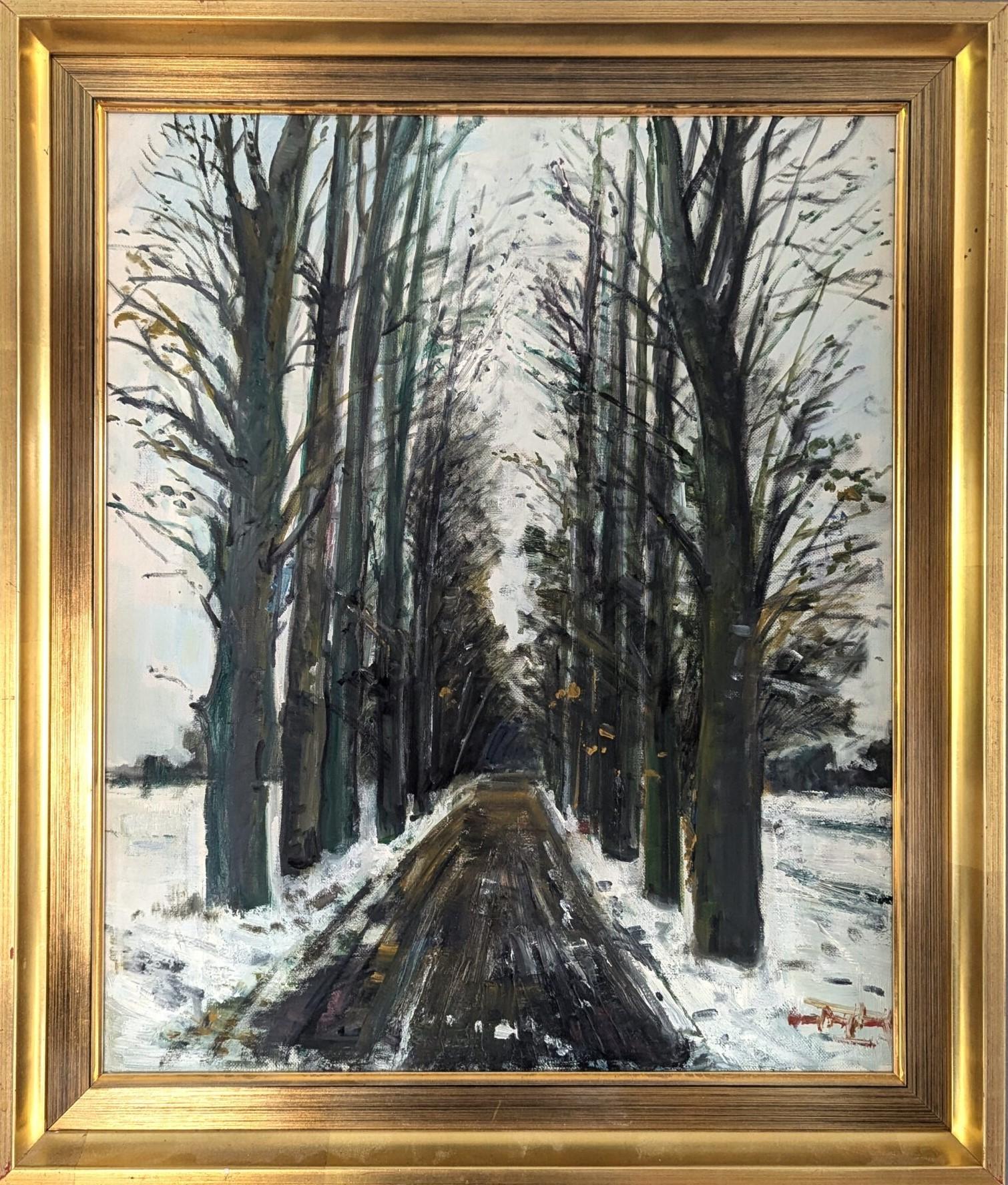 Unknown Landscape Painting - Mid Century Modern Swedish Expressive Landscape Oil Painting - Winter Pathway