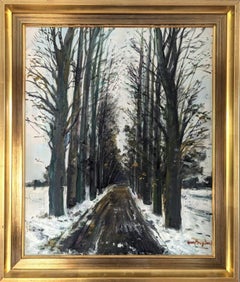 Pittura ad olio di un paesaggio espressivo svedese della metà del secolo scorso - Sentiero d'inverno
