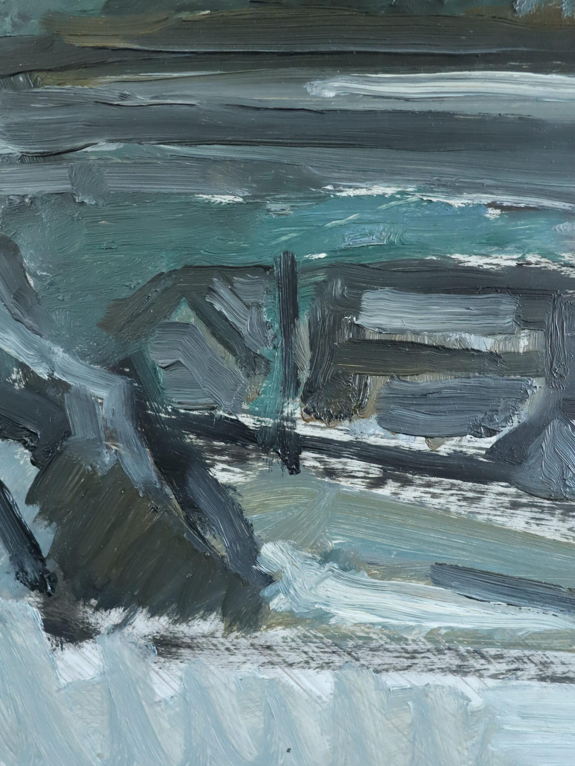 Mid Century Modern Schwedisch Ausdrucksvolle Landschaft Ölgemälde - Winter Valley im Angebot 6