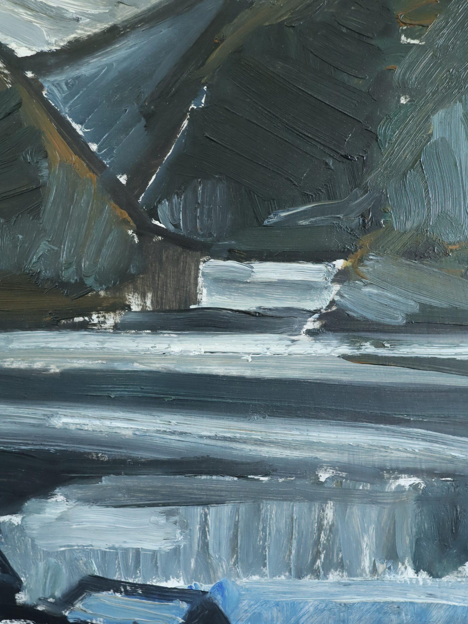 Mid Century Modern Schwedisch Ausdrucksvolle Landschaft Ölgemälde - Winter Valley im Angebot 7