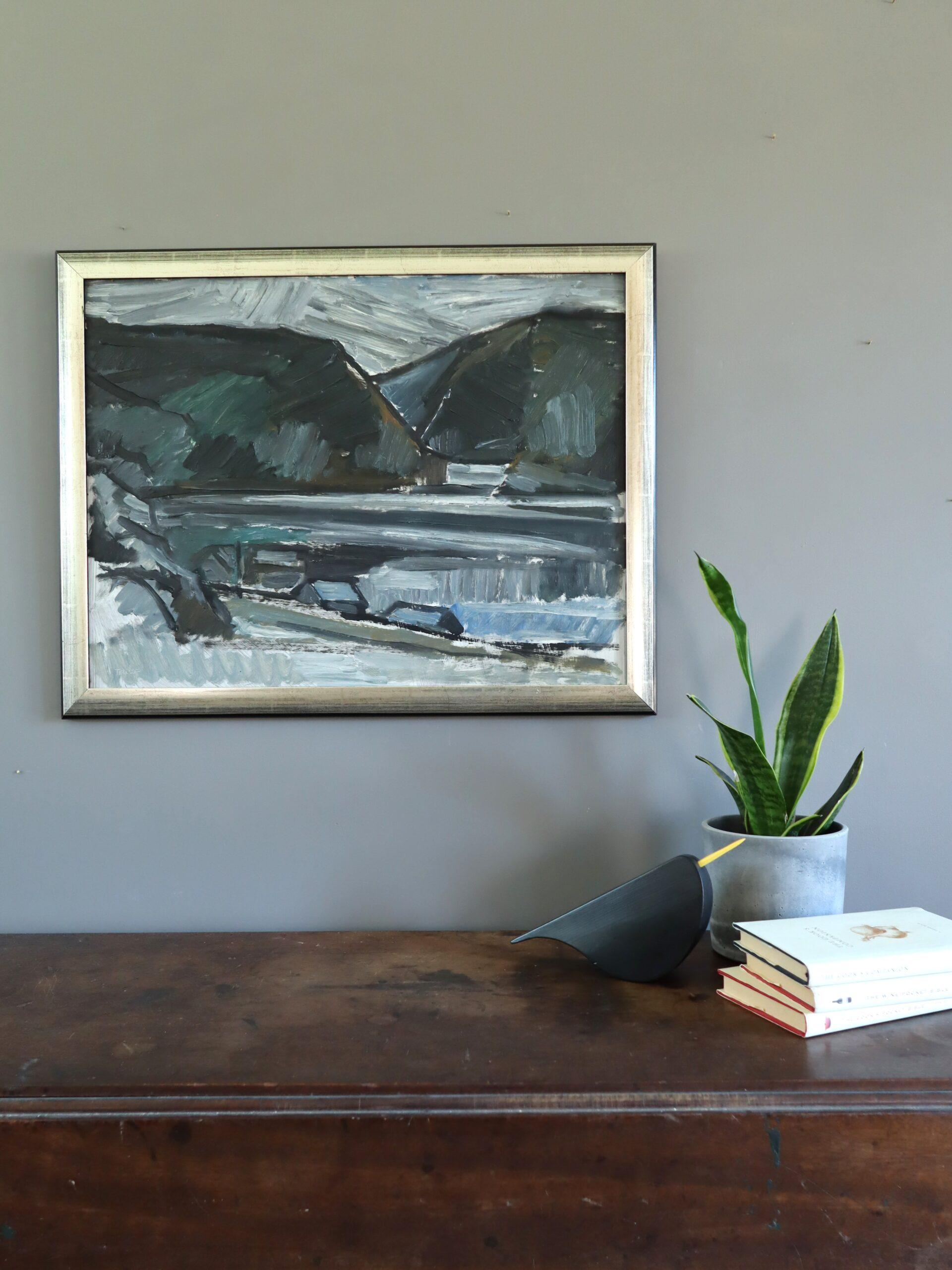 Mid Century Modern Schwedisch Ausdrucksvolle Landschaft Ölgemälde - Winter Valley (Moderne), Painting, von Unknown