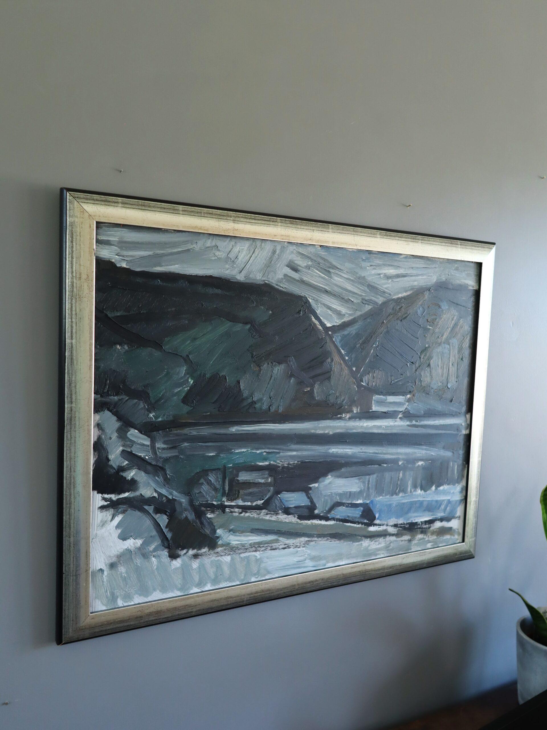 Mid Century Modern Schwedisch Ausdrucksvolle Landschaft Ölgemälde - Winter Valley (Grau), Landscape Painting, von Unknown
