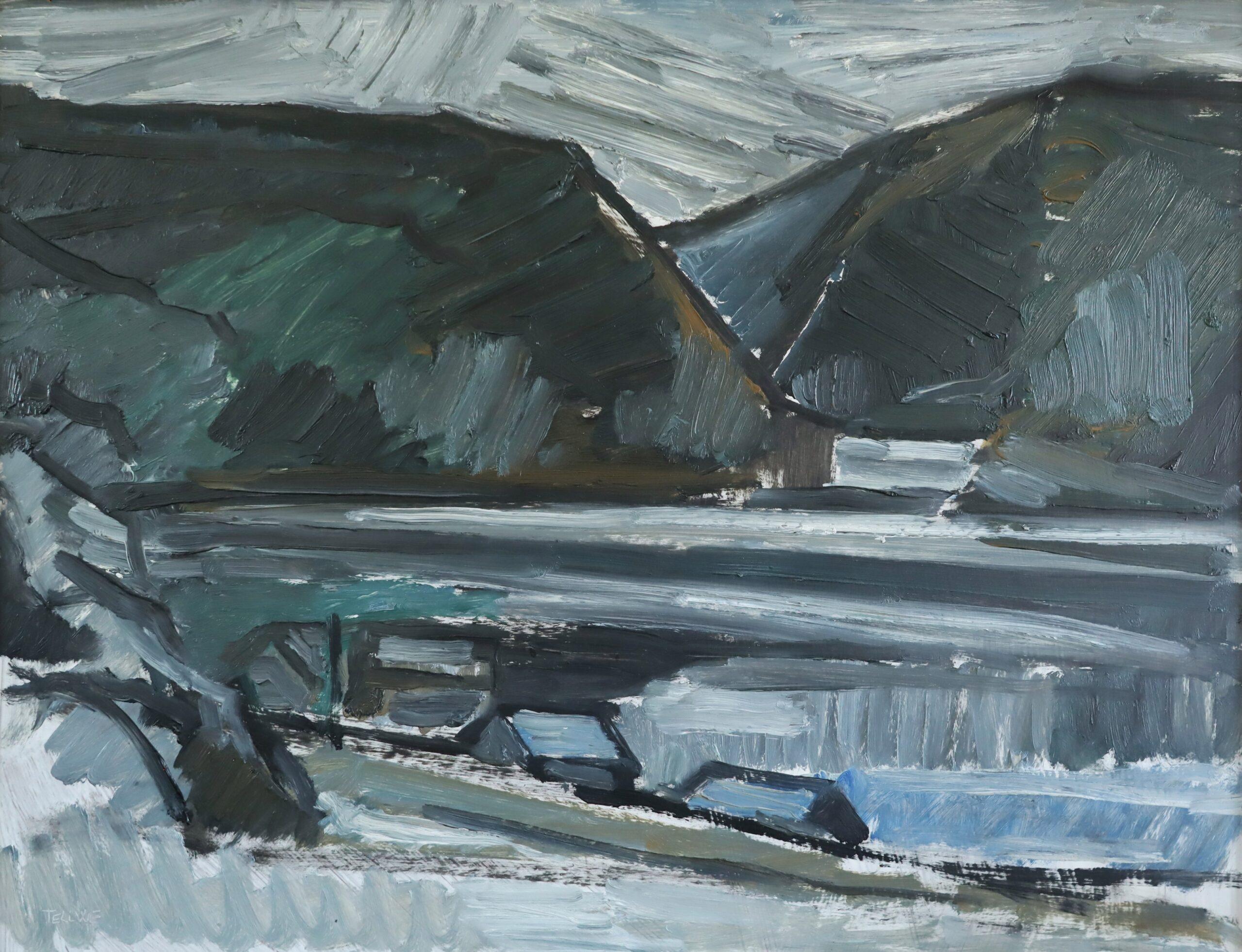 Mid Century Modern Schwedisch Ausdrucksvolle Landschaft Ölgemälde - Winter Valley im Angebot 3