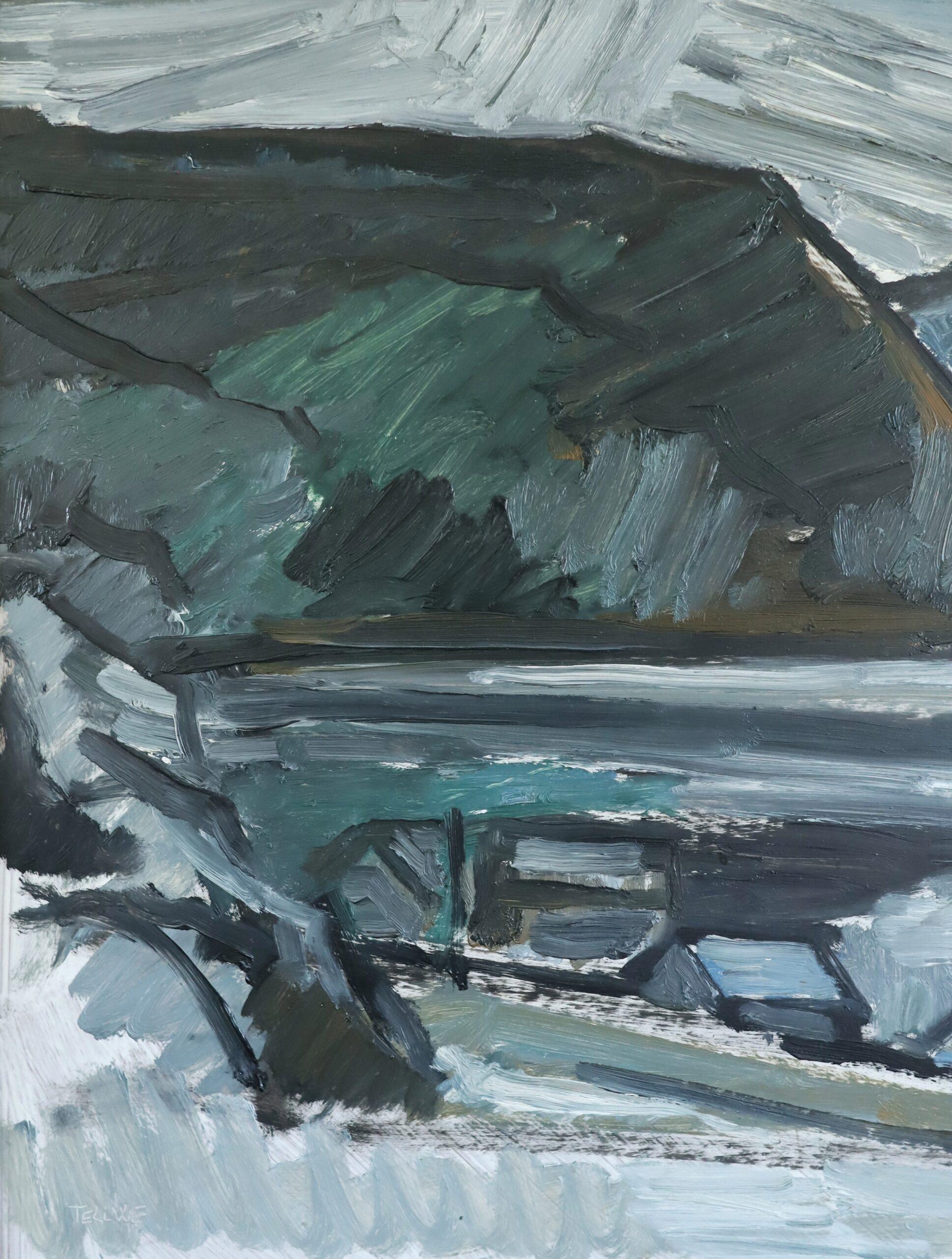 Mid Century Modern Schwedisch Ausdrucksvolle Landschaft Ölgemälde - Winter Valley im Angebot 4