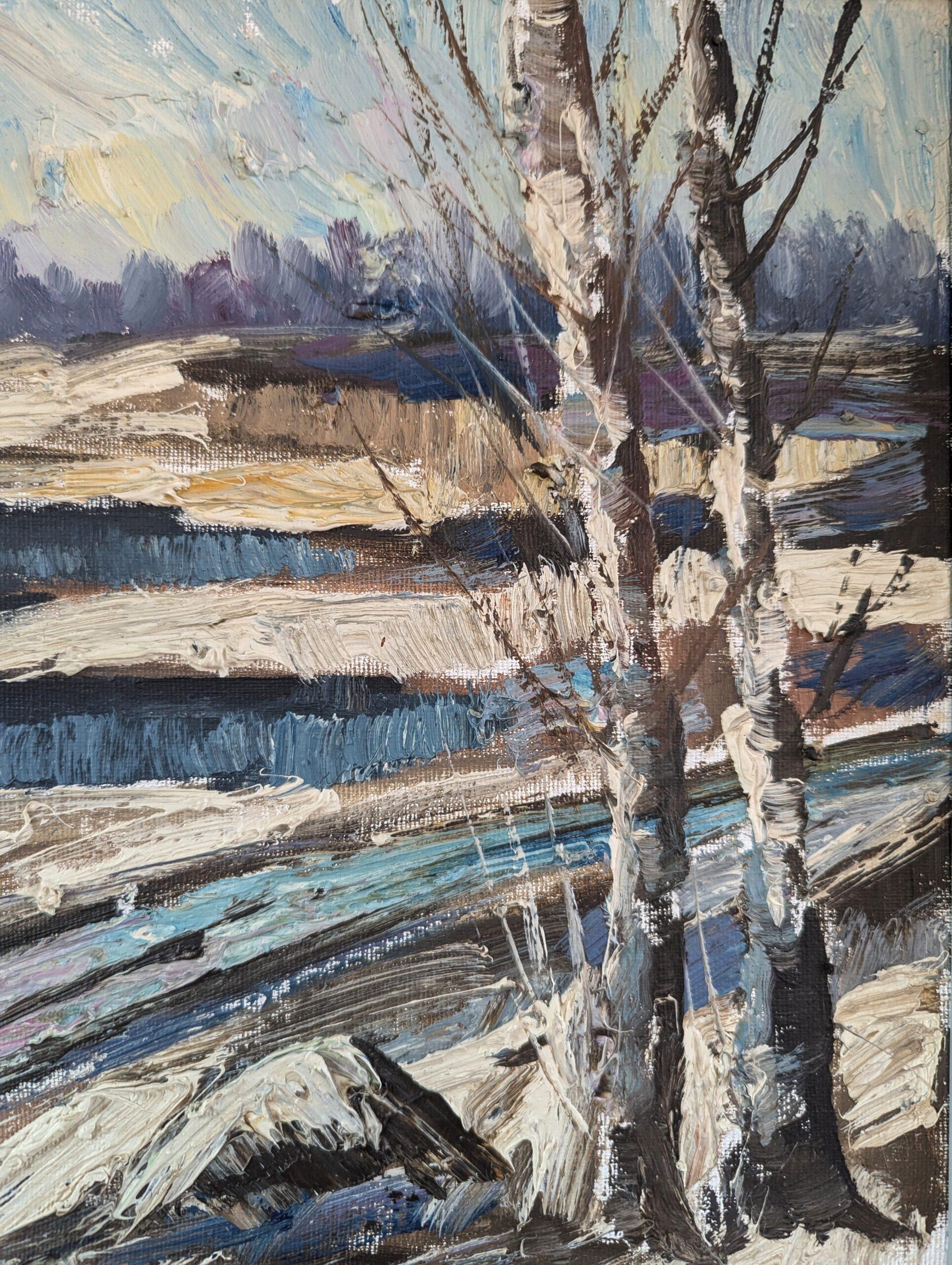 Schwedisches expressionistisches Landschaftsgemälde der Mitte des Jahrhunderts, Ölgemälde – Winter's Edge im Angebot 5
