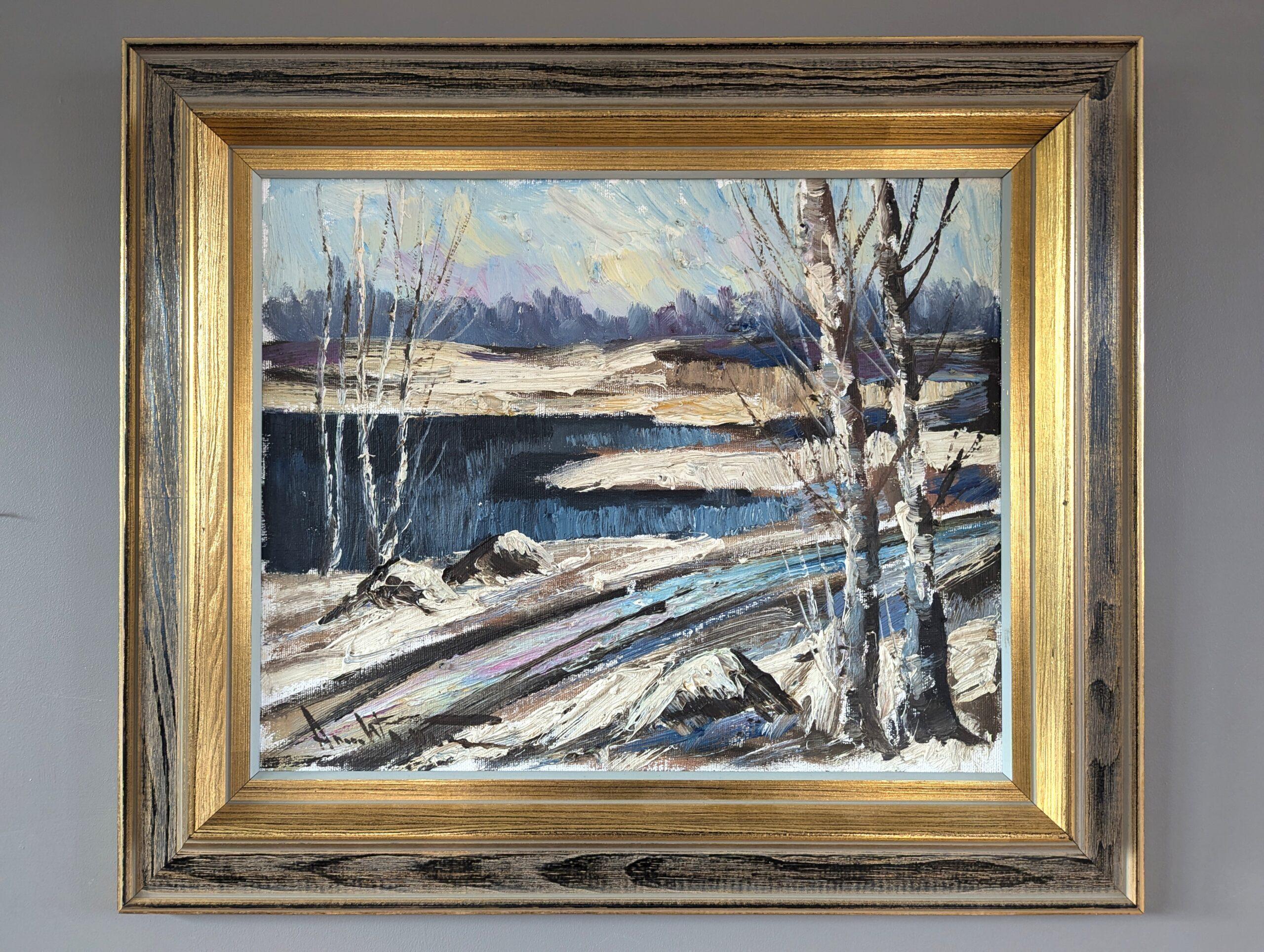 Schwedisches expressionistisches Landschaftsgemälde der Mitte des Jahrhunderts, Ölgemälde – Winter's Edge – Painting von Unknown
