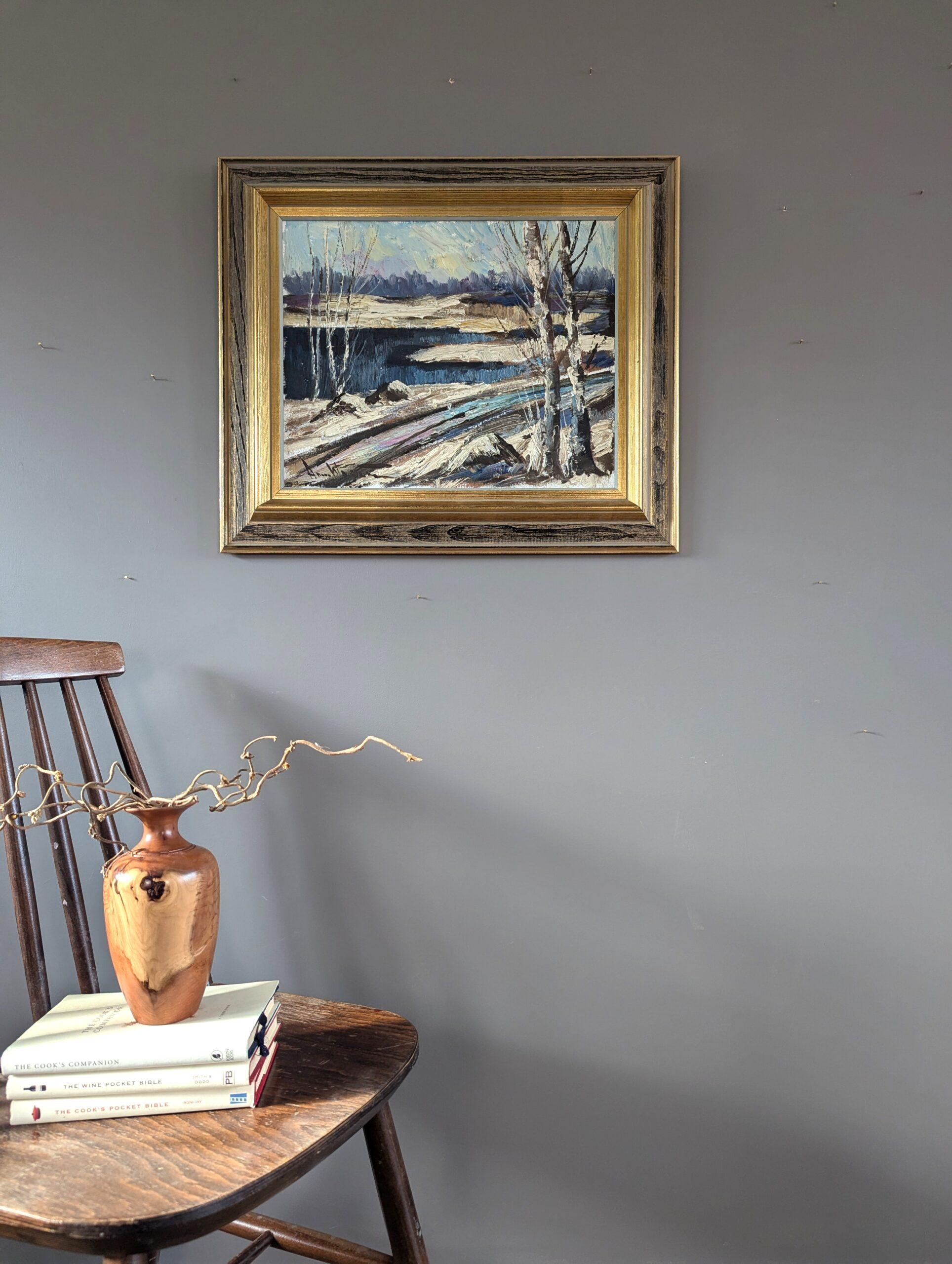 Schwedisches expressionistisches Landschaftsgemälde der Mitte des Jahrhunderts, Ölgemälde – Winter's Edge (Moderne), Painting, von Unknown