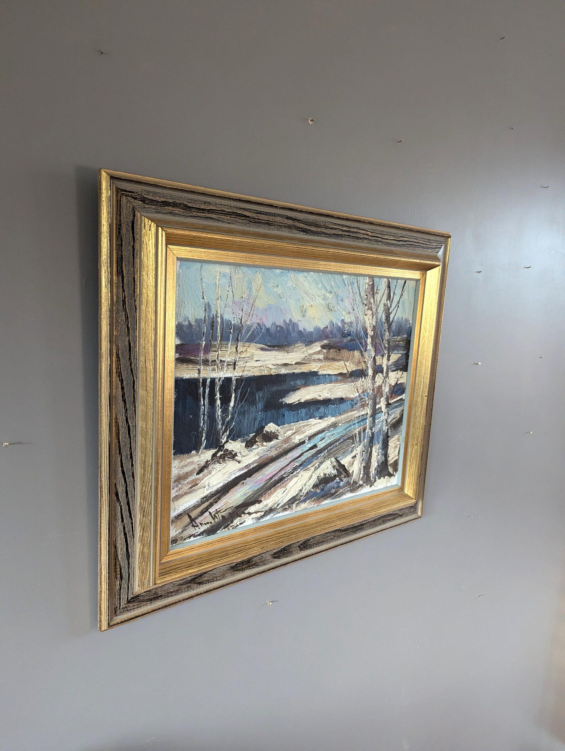 Schwedisches expressionistisches Landschaftsgemälde der Mitte des Jahrhunderts, Ölgemälde – Winter's Edge (Grau), Landscape Painting, von Unknown