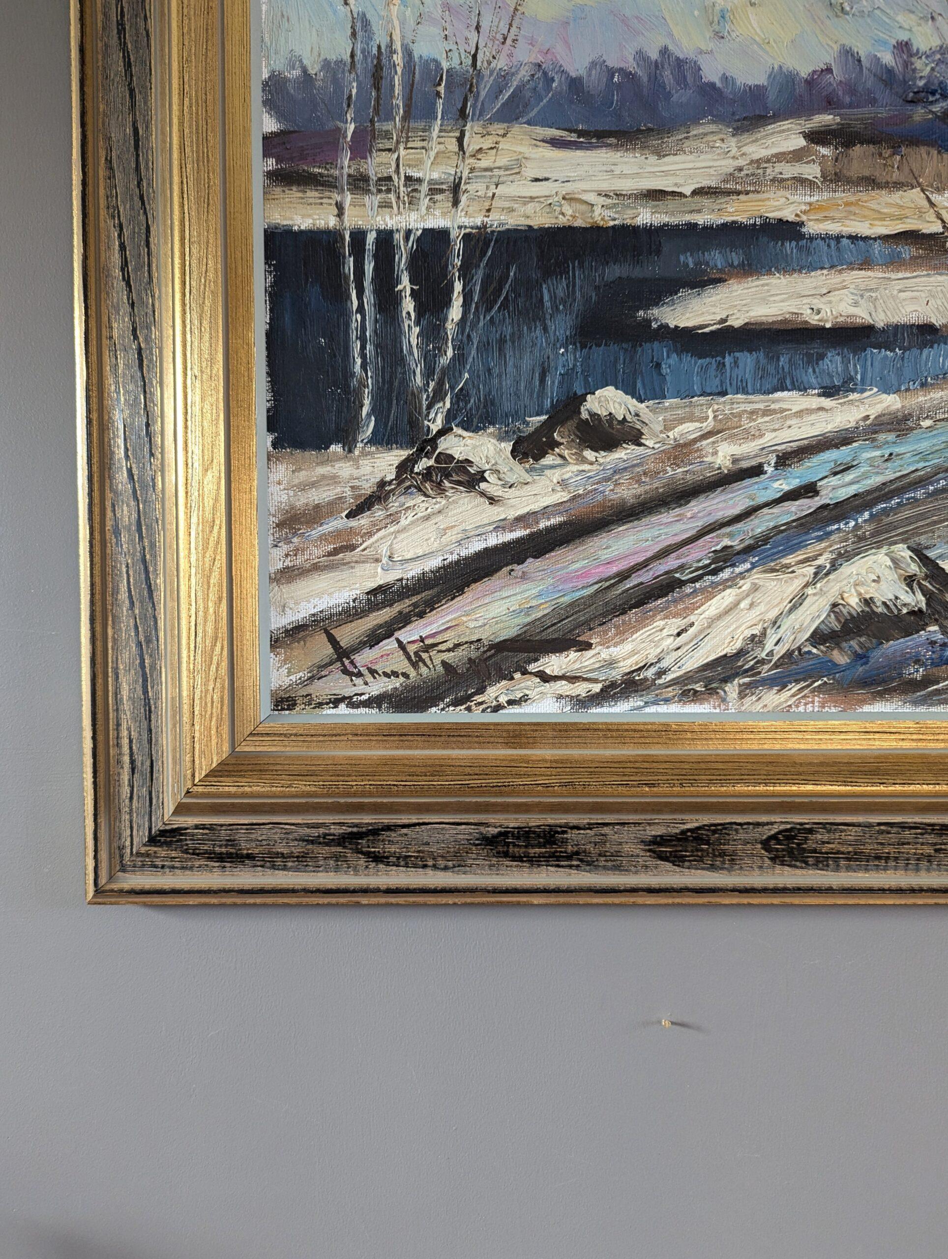 Schwedisches expressionistisches Landschaftsgemälde der Mitte des Jahrhunderts, Ölgemälde – Winter's Edge im Angebot 1