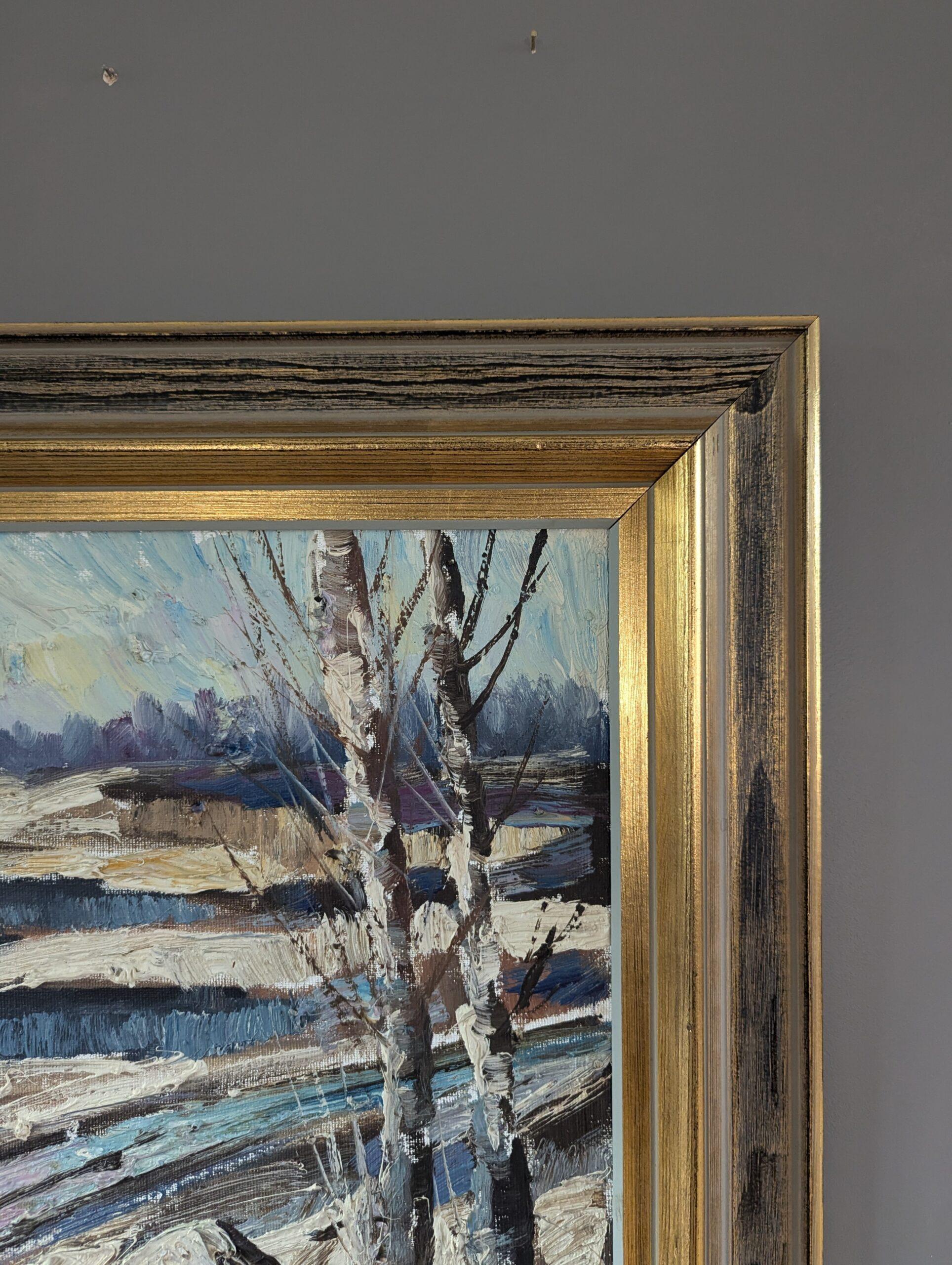 Schwedisches expressionistisches Landschaftsgemälde der Mitte des Jahrhunderts, Ölgemälde – Winter's Edge im Angebot 2
