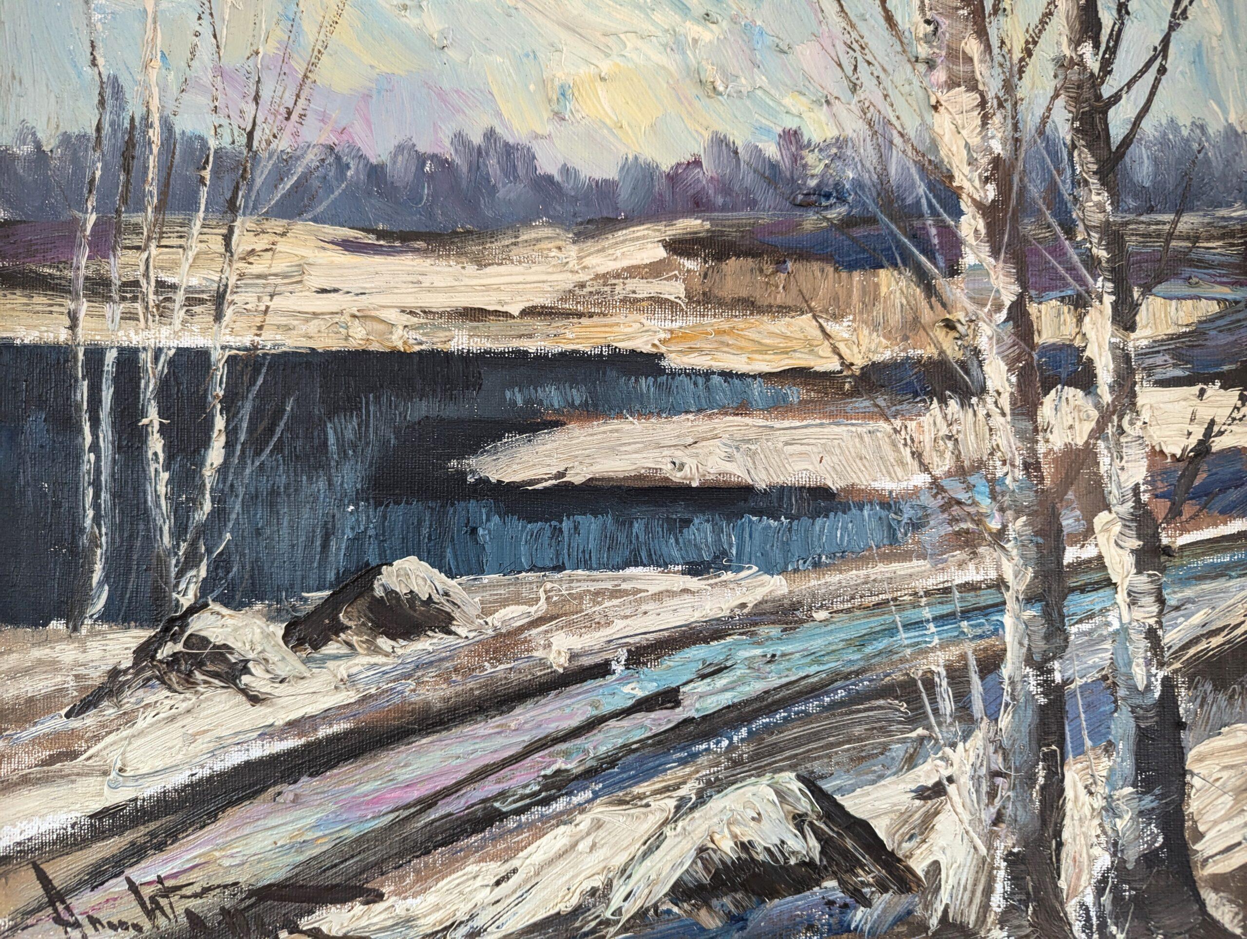 Schwedisches expressionistisches Landschaftsgemälde der Mitte des Jahrhunderts, Ölgemälde – Winter's Edge im Angebot 3