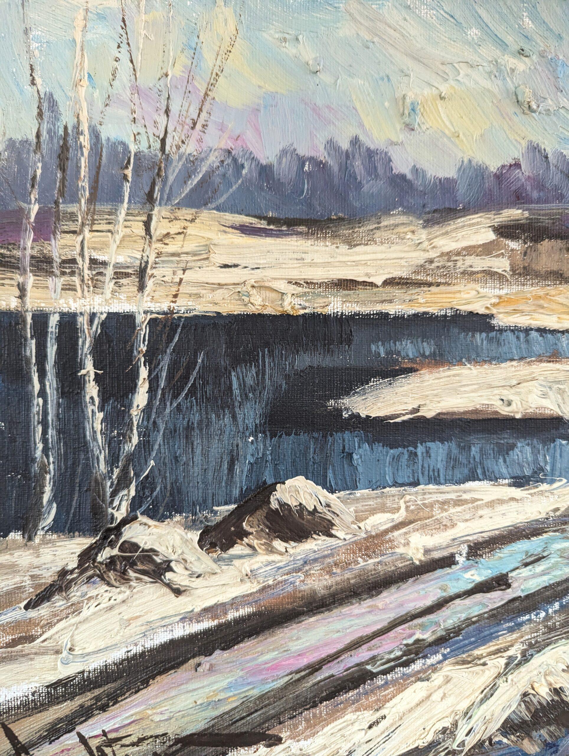 Schwedisches expressionistisches Landschaftsgemälde der Mitte des Jahrhunderts, Ölgemälde – Winter's Edge im Angebot 4