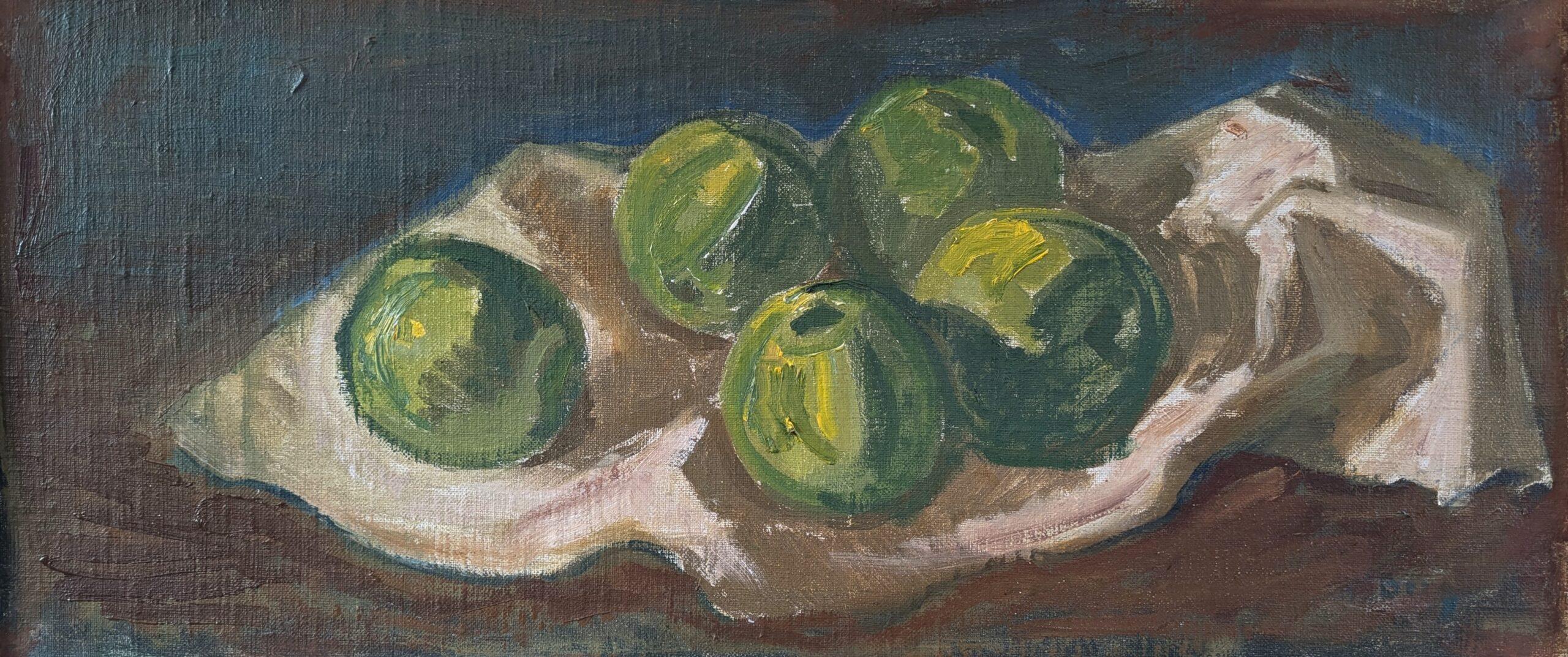 Schwedisches expressionistisches Ölgemälde aus der Mitte des Jahrhunderts – Stillleben mit grünen Äpfeln im Angebot 6