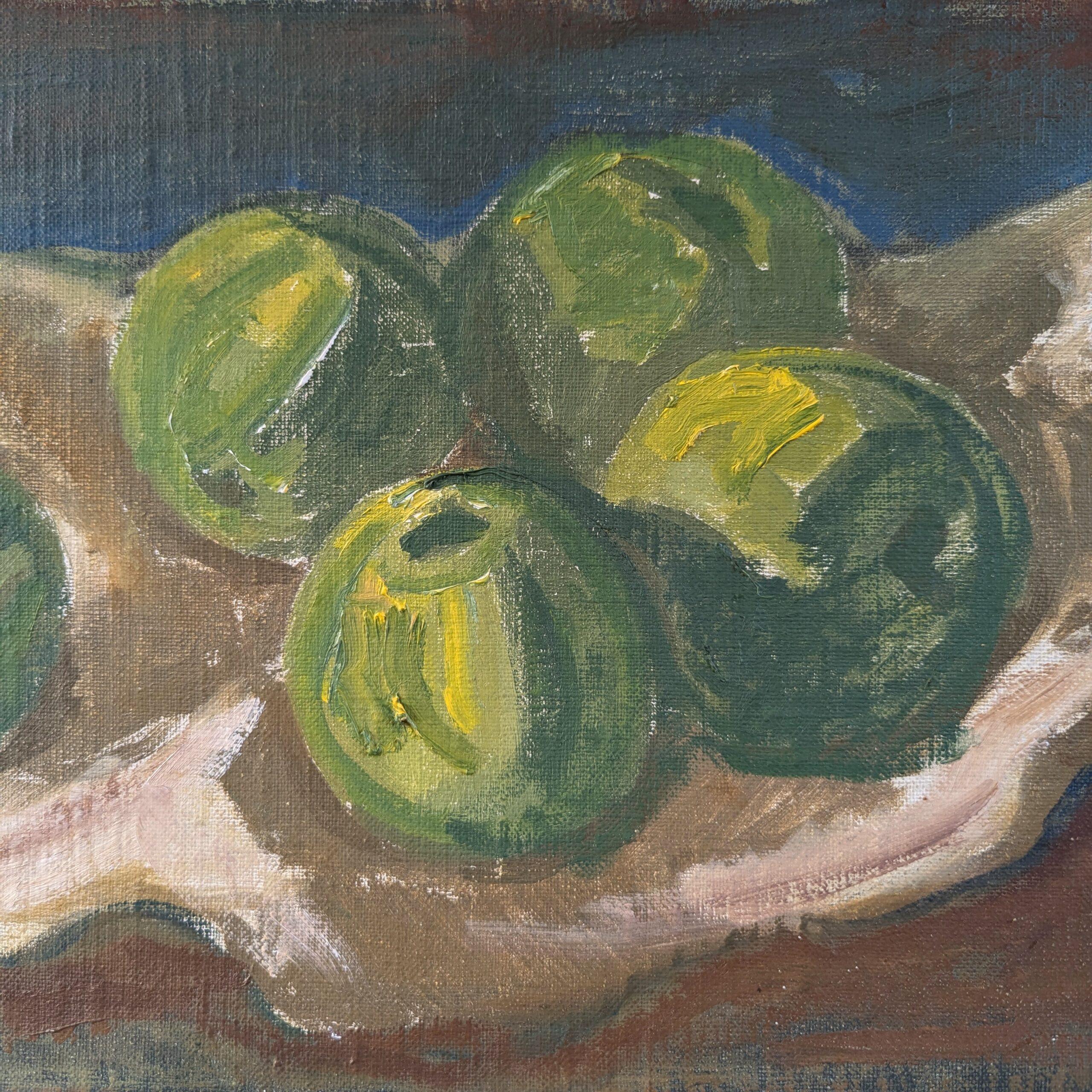 Schwedisches expressionistisches Ölgemälde aus der Mitte des Jahrhunderts – Stillleben mit grünen Äpfeln im Angebot 7