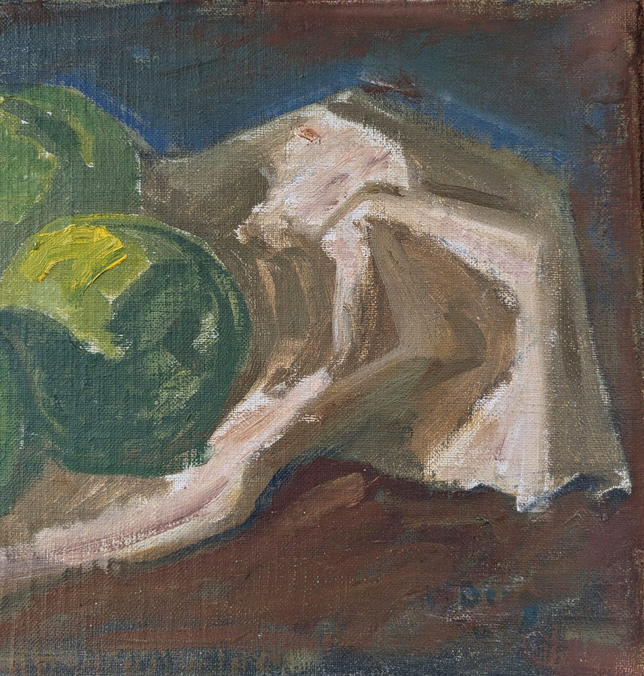 Schwedisches expressionistisches Ölgemälde aus der Mitte des Jahrhunderts – Stillleben mit grünen Äpfeln im Angebot 8