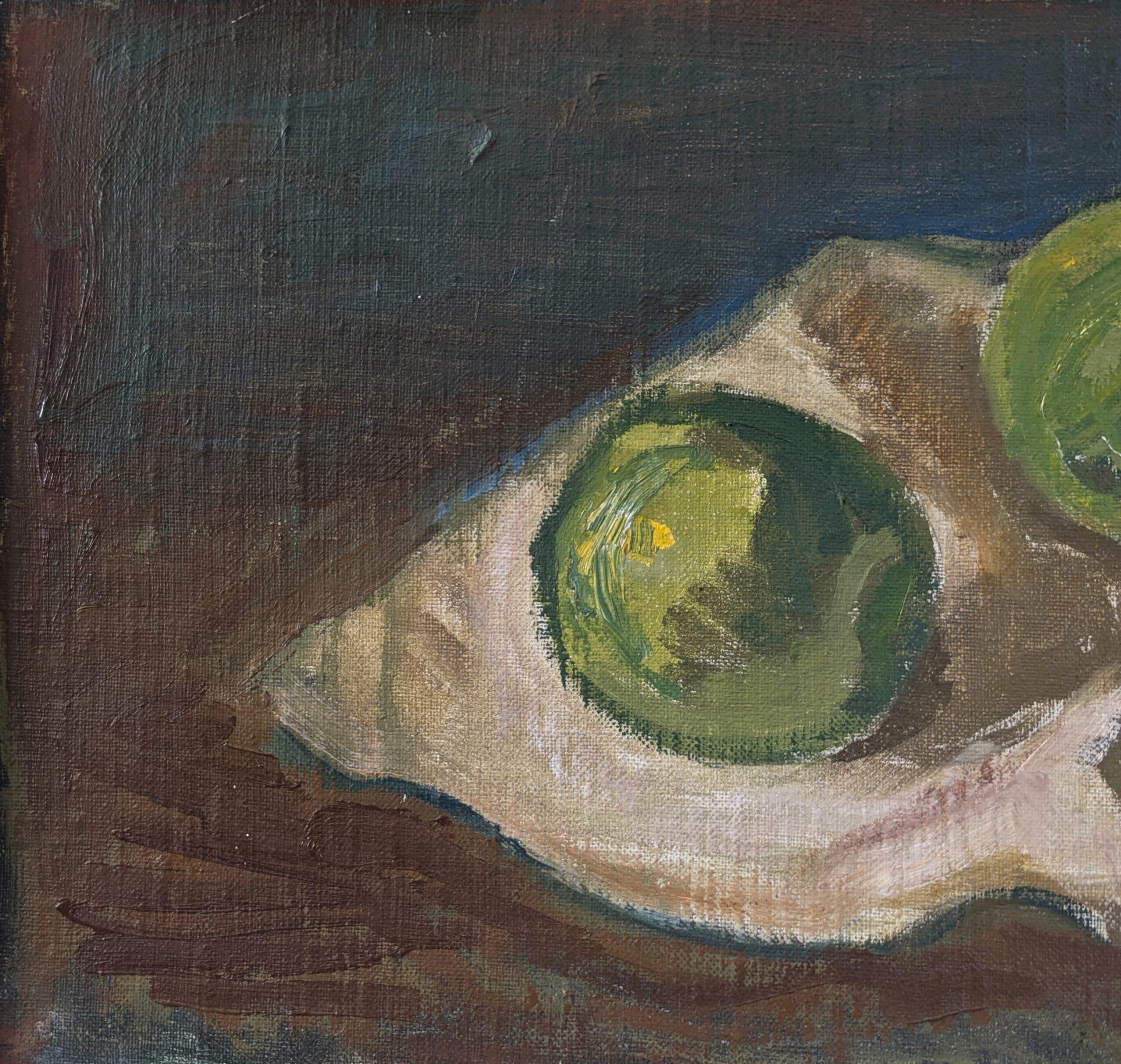 Schwedisches expressionistisches Ölgemälde aus der Mitte des Jahrhunderts – Stillleben mit grünen Äpfeln im Angebot 9