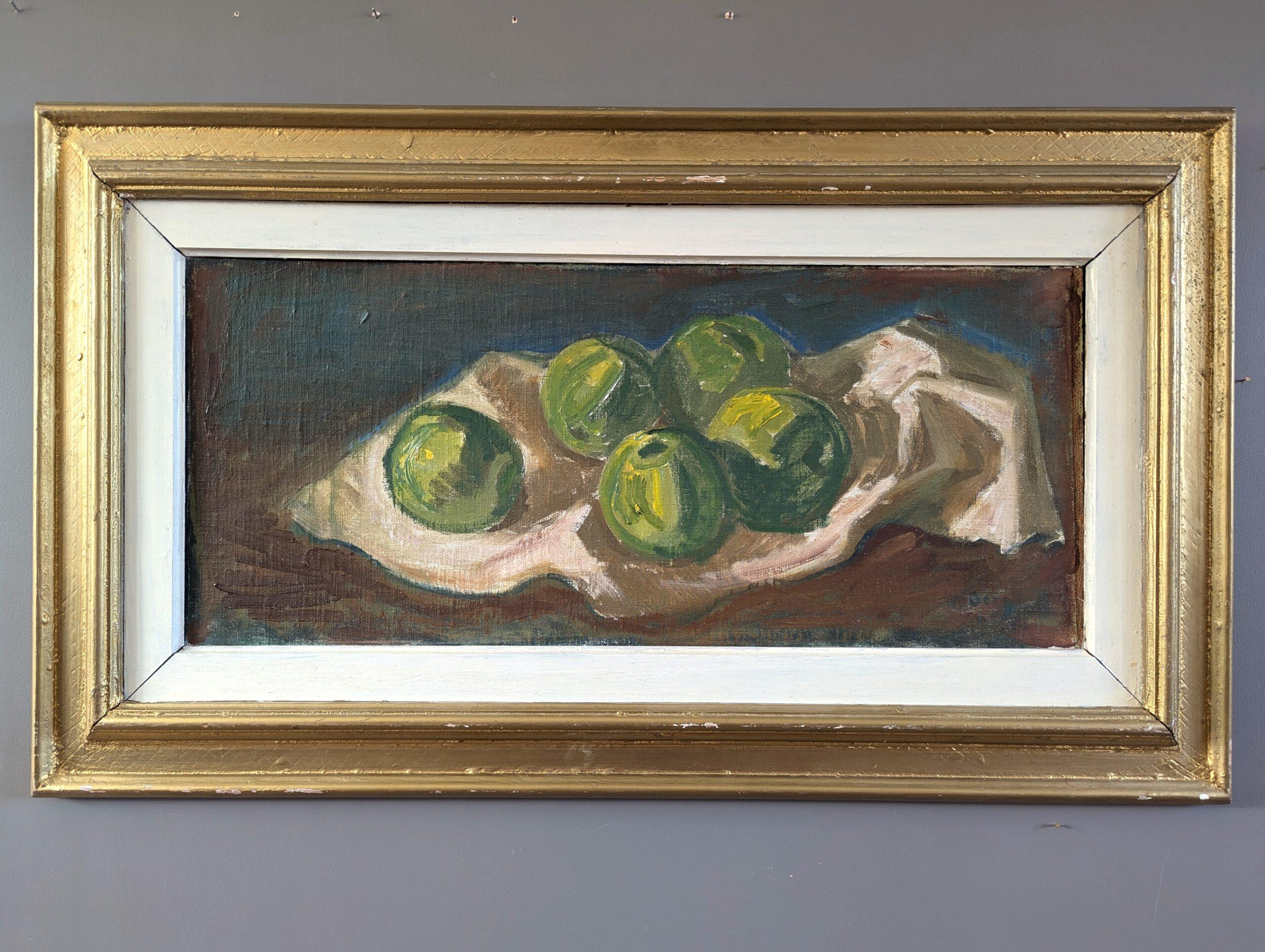 Schwedisches expressionistisches Ölgemälde aus der Mitte des Jahrhunderts – Stillleben mit grünen Äpfeln – Painting von Unknown
