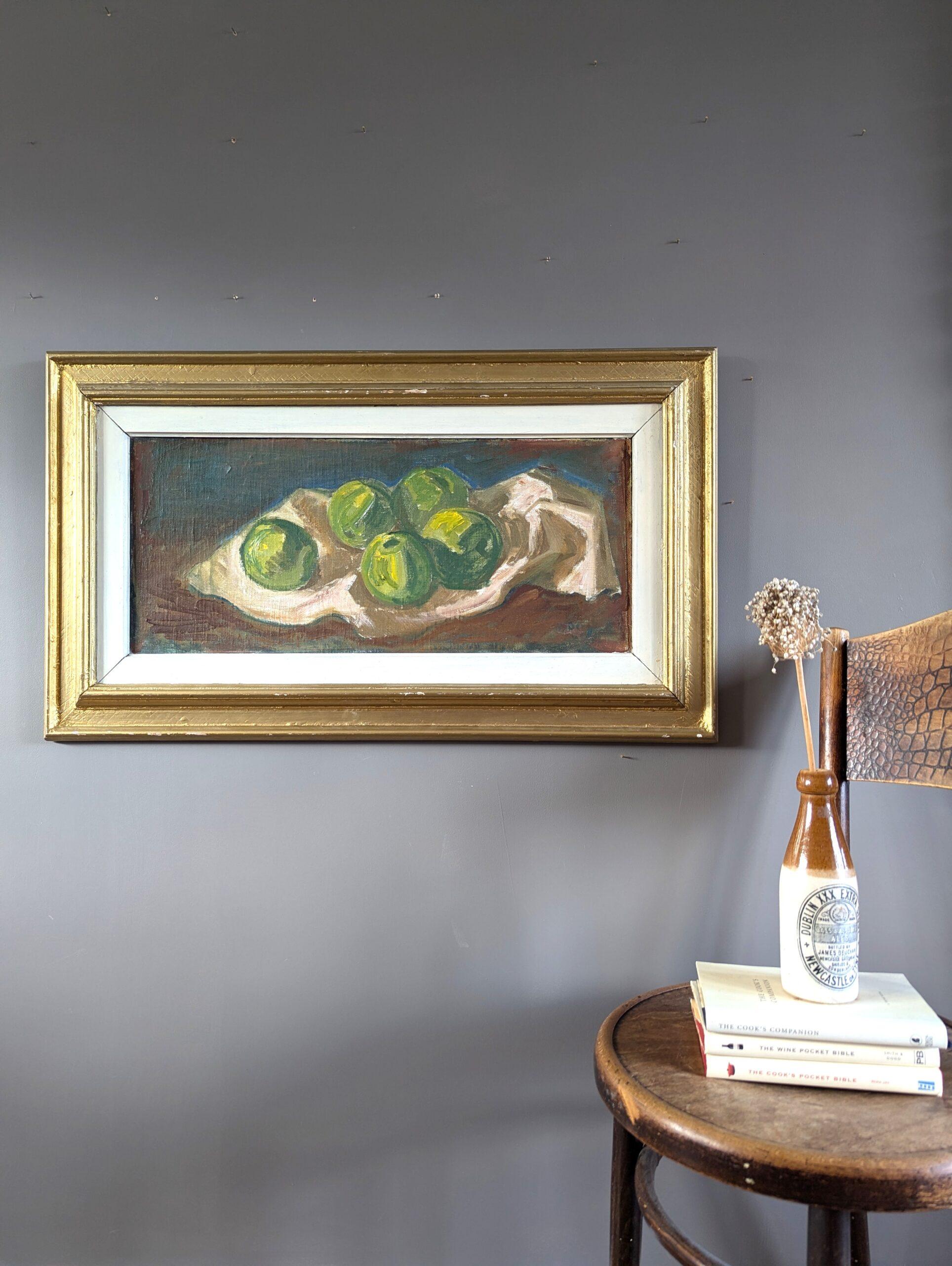 Schwedisches expressionistisches Ölgemälde aus der Mitte des Jahrhunderts – Stillleben mit grünen Äpfeln (Moderne), Painting, von Unknown