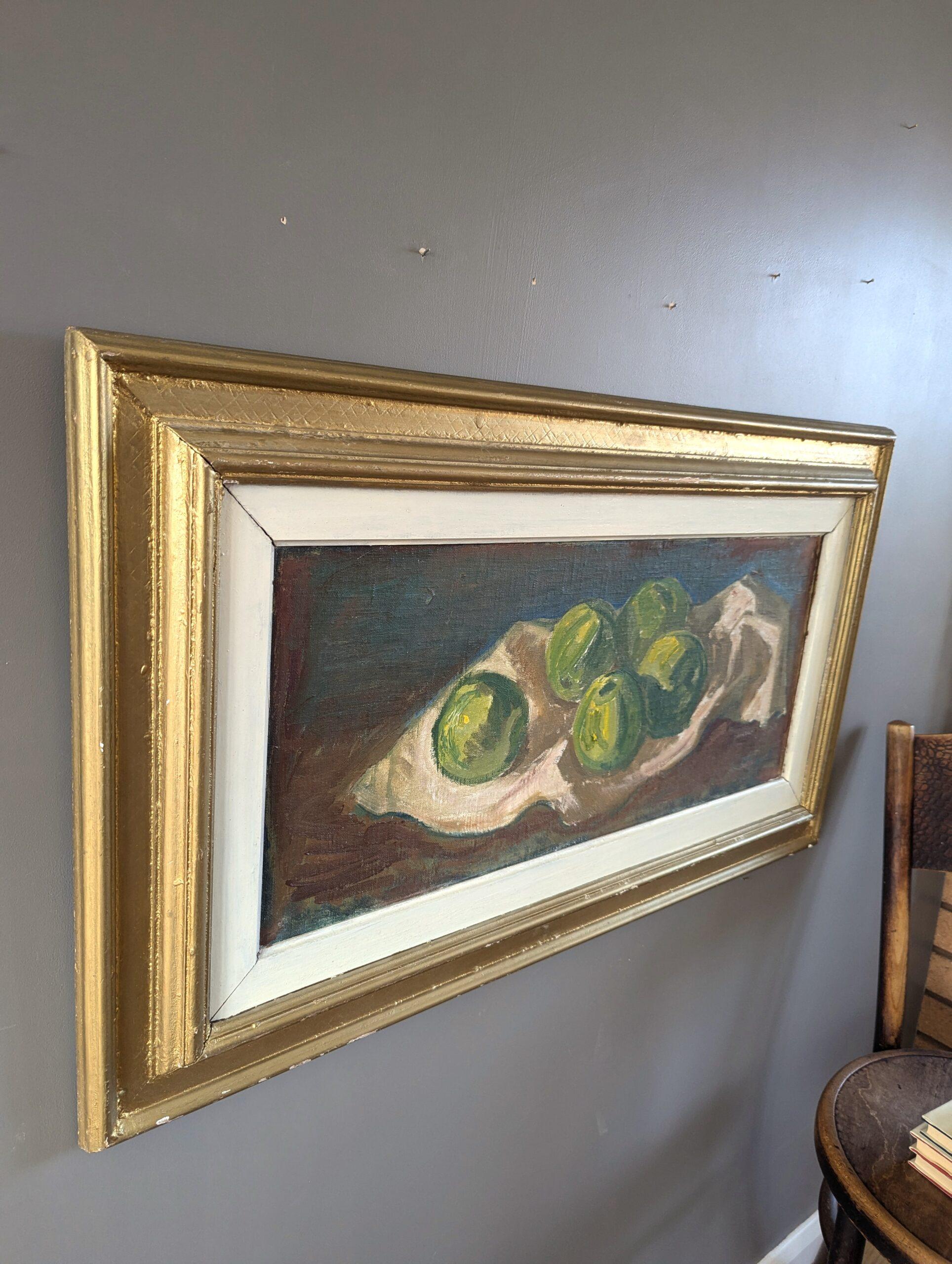 Schwedisches expressionistisches Ölgemälde aus der Mitte des Jahrhunderts – Stillleben mit grünen Äpfeln (Braun), Still-Life Painting, von Unknown
