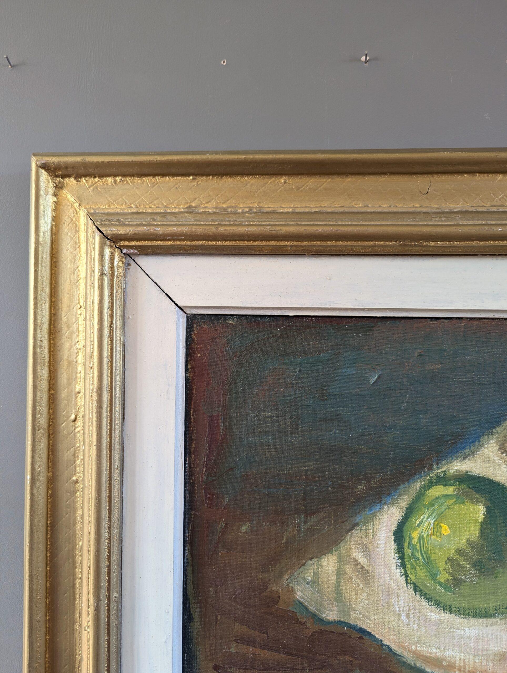 Schwedisches expressionistisches Ölgemälde aus der Mitte des Jahrhunderts – Stillleben mit grünen Äpfeln im Angebot 1
