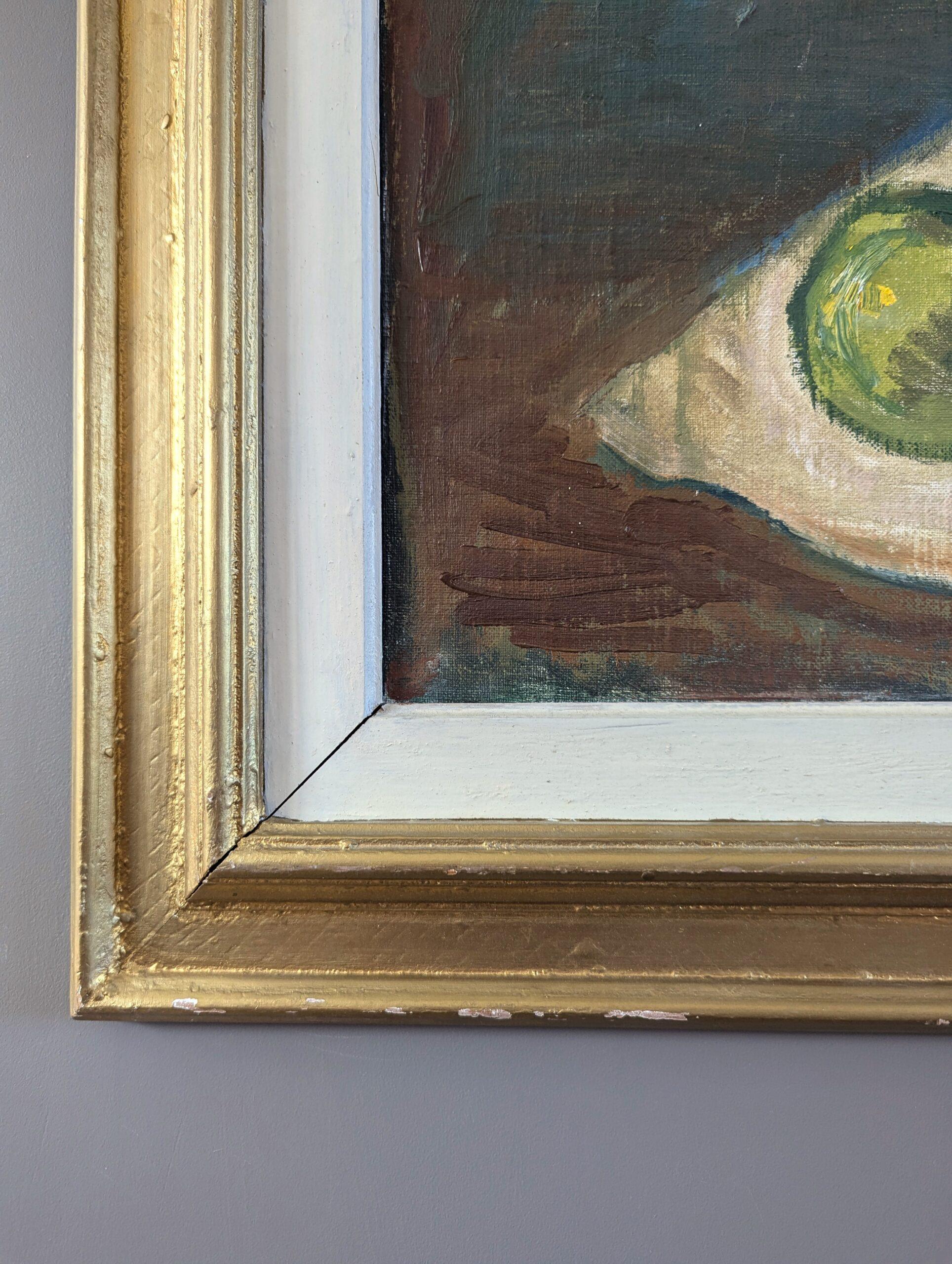 Schwedisches expressionistisches Ölgemälde aus der Mitte des Jahrhunderts – Stillleben mit grünen Äpfeln im Angebot 4