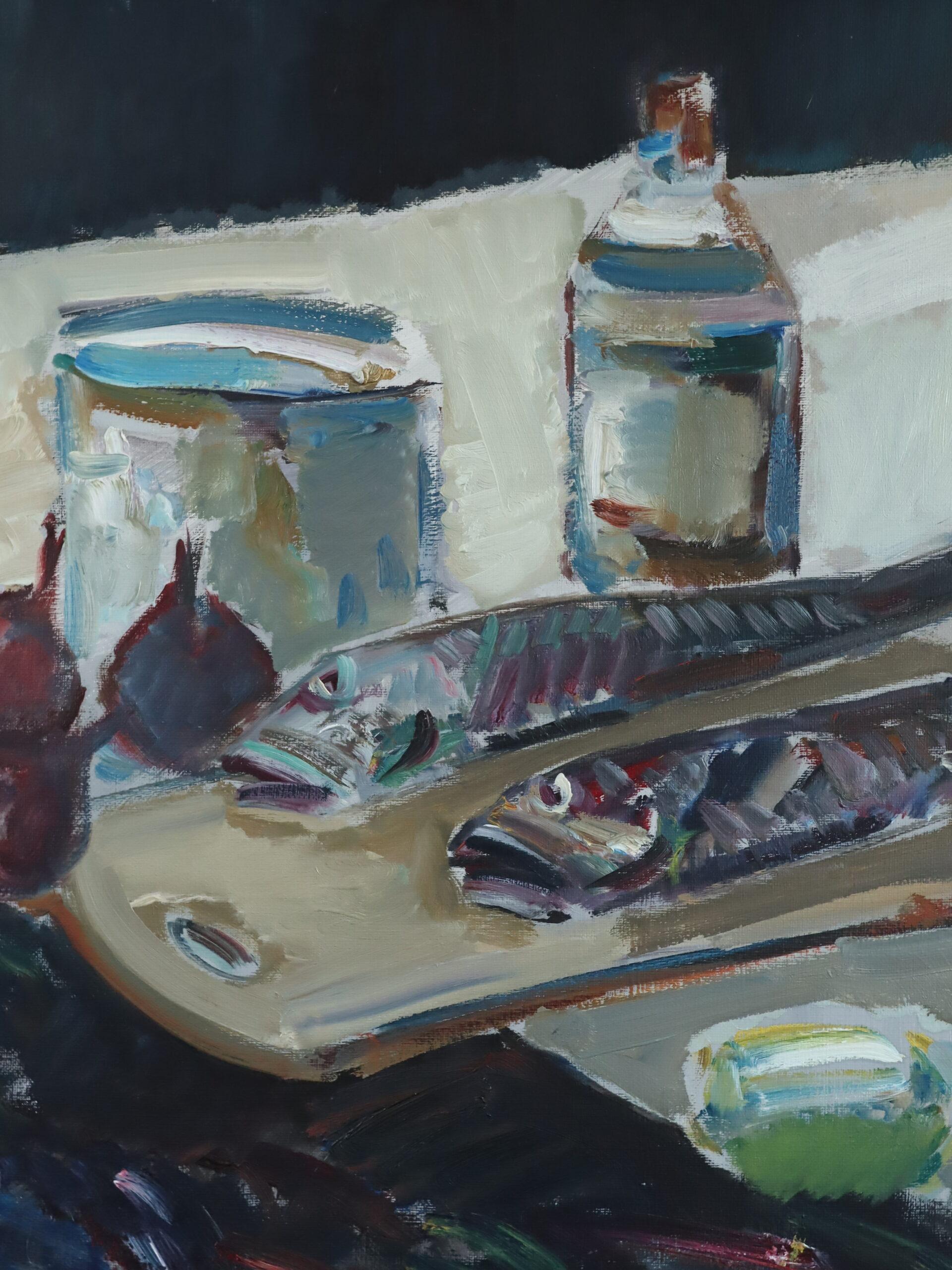 Peinture à l'huile suédoise expressive du milieu du siècle dernier - Nature morte au poisson sur table en vente 6
