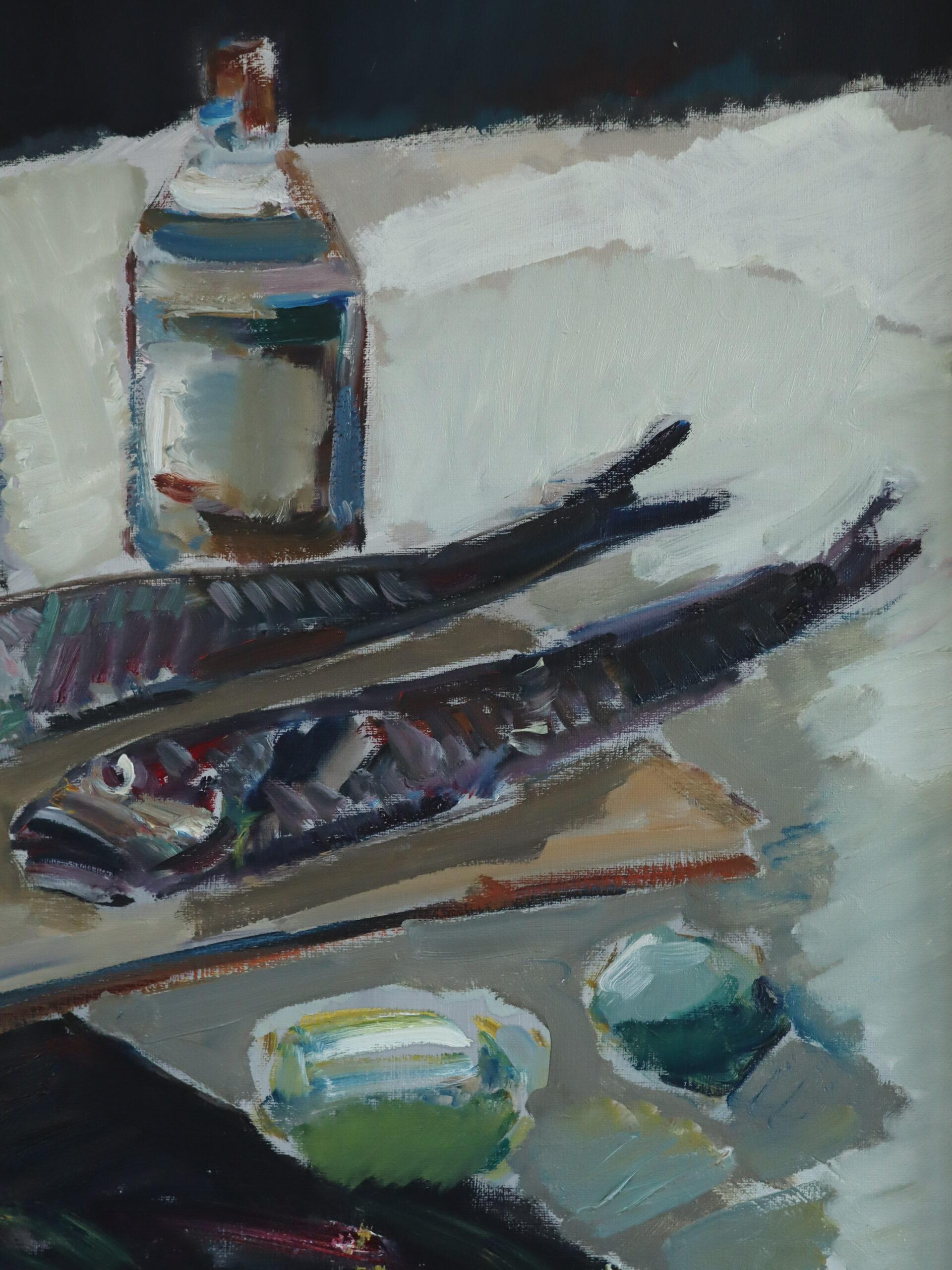 Peinture à l'huile suédoise expressive du milieu du siècle dernier - Nature morte au poisson sur table en vente 7