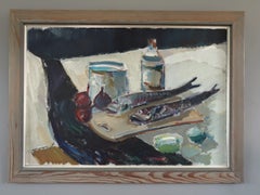 Mid Century Modern Swedish Expressive Oil Painting-Tabletop Still Life with Fish
