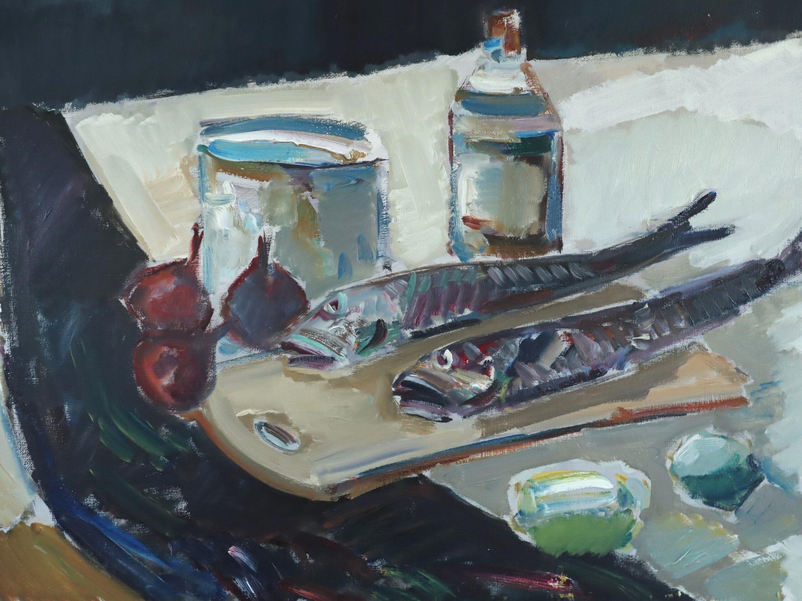 Peinture à l'huile suédoise expressive du milieu du siècle dernier - Nature morte au poisson sur table en vente 4