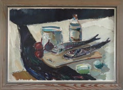 Mid Century Modern Schwedisch Expressive Ölgemälde-Tabletop Stillleben mit Fisch