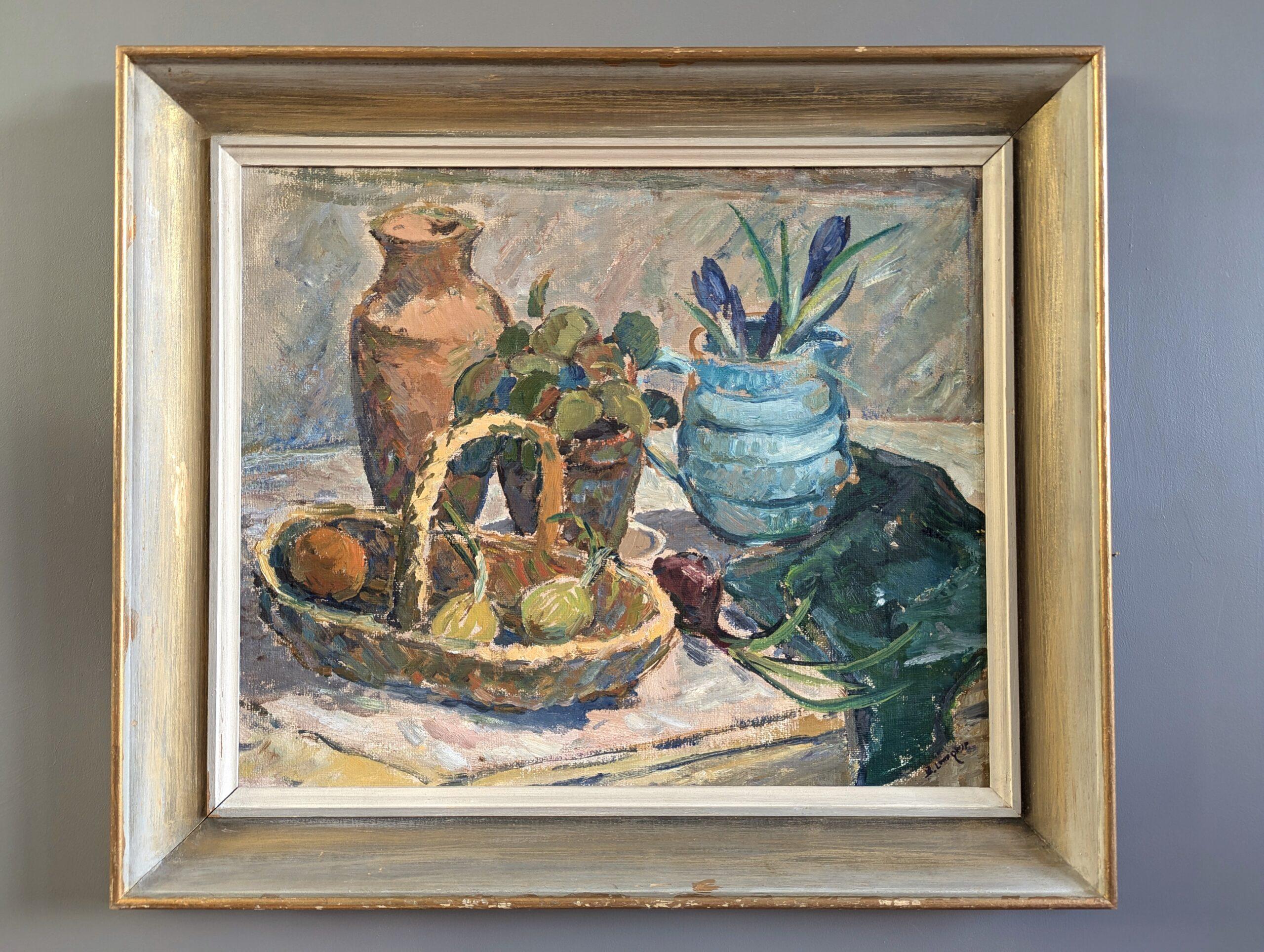 Pintura al óleo sueca expresiva de bodegón moderno de mediados de siglo - Cesta de fruta - Painting de Unknown