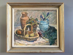 Mid-Century Modern Swedish Expressive Still Life Oil Painting - Basket of Fruit
