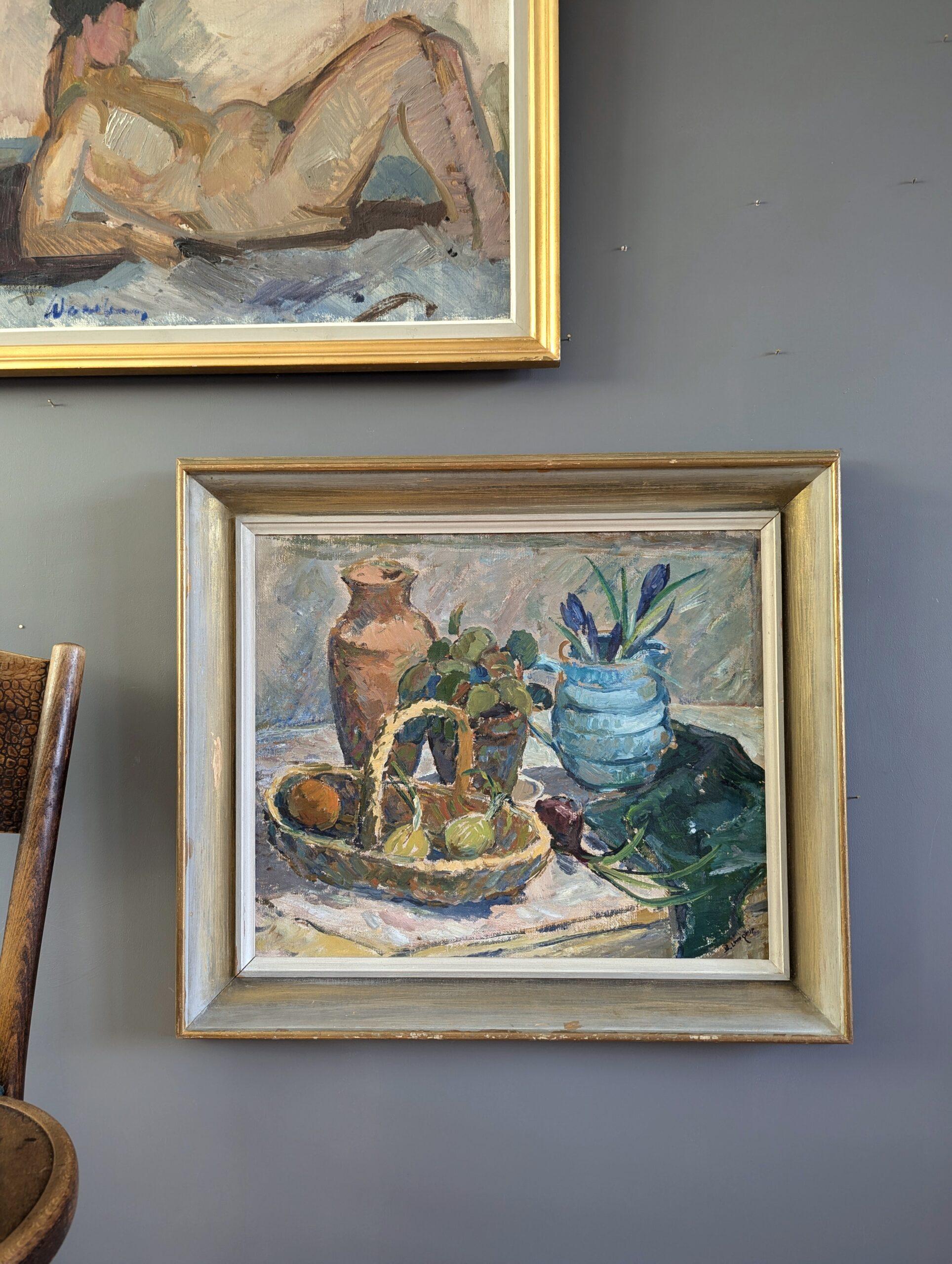 Pintura al óleo sueca expresiva de bodegón moderno de mediados de siglo - Cesta de fruta - Painting Moderno de Unknown