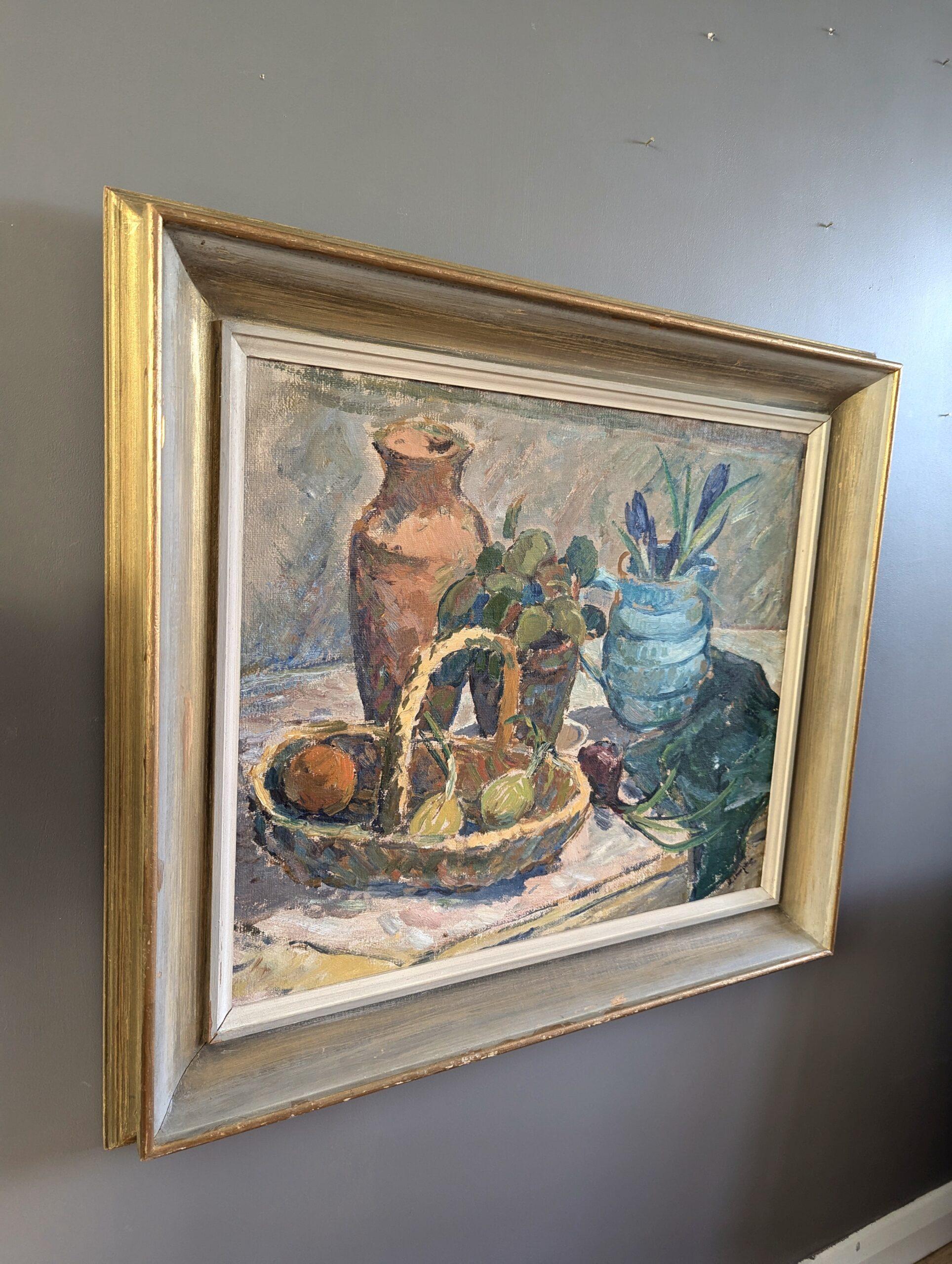 Pintura al óleo sueca expresiva de bodegón moderno de mediados de siglo - Cesta de fruta - Still-Life Painting Marrón de Unknown