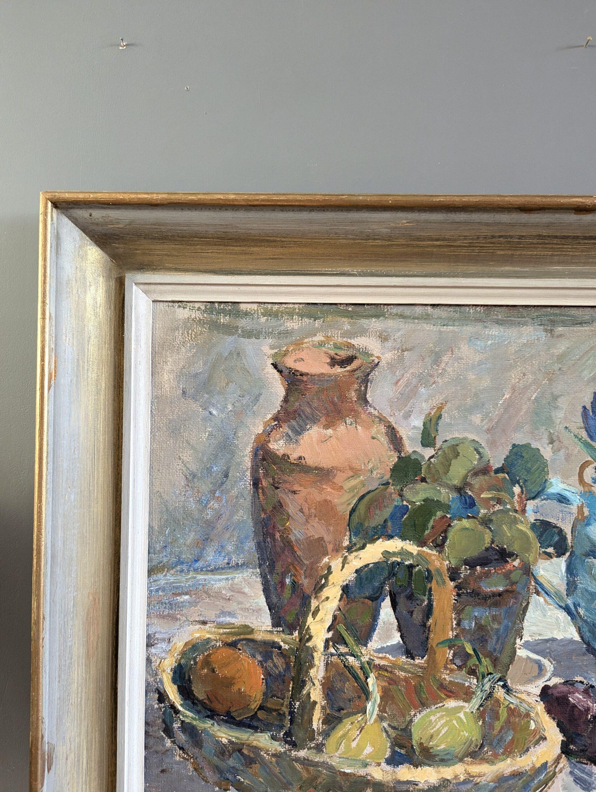 Pintura al óleo sueca expresiva de bodegón moderno de mediados de siglo - Cesta de fruta en venta 1