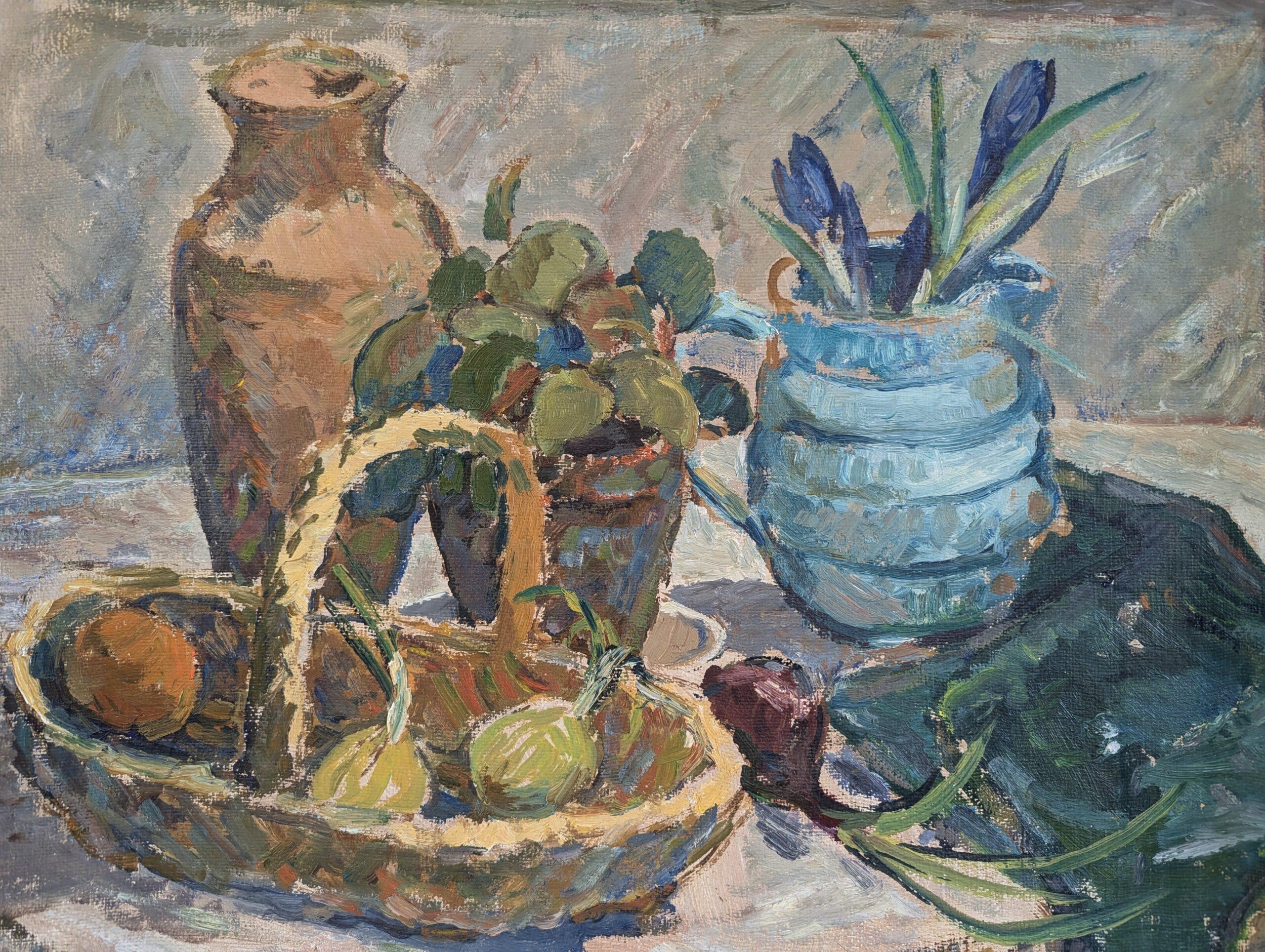 Pintura al óleo sueca expresiva de bodegón moderno de mediados de siglo - Cesta de fruta en venta 3