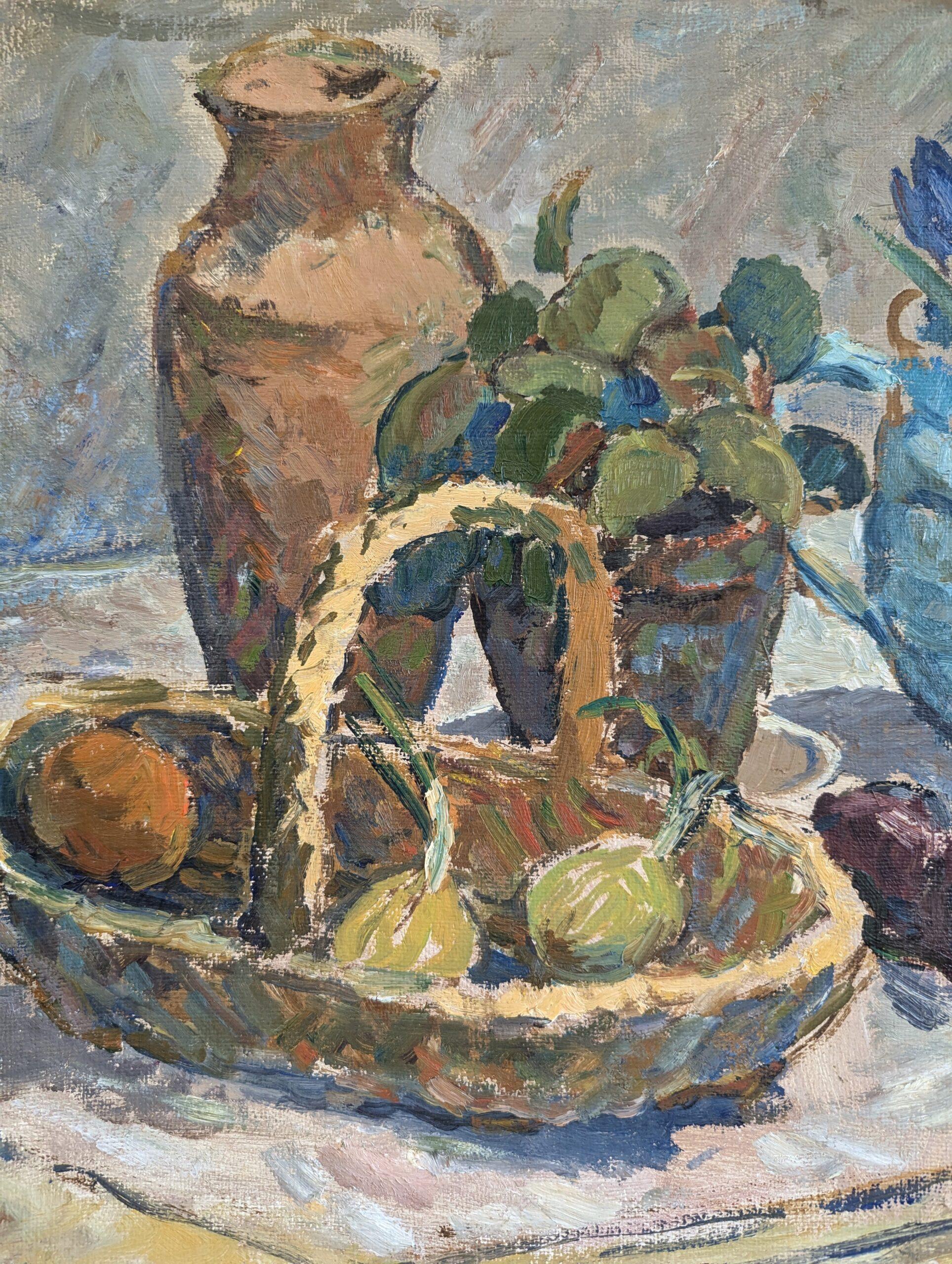 Pintura al óleo sueca expresiva de bodegón moderno de mediados de siglo - Cesta de fruta en venta 4