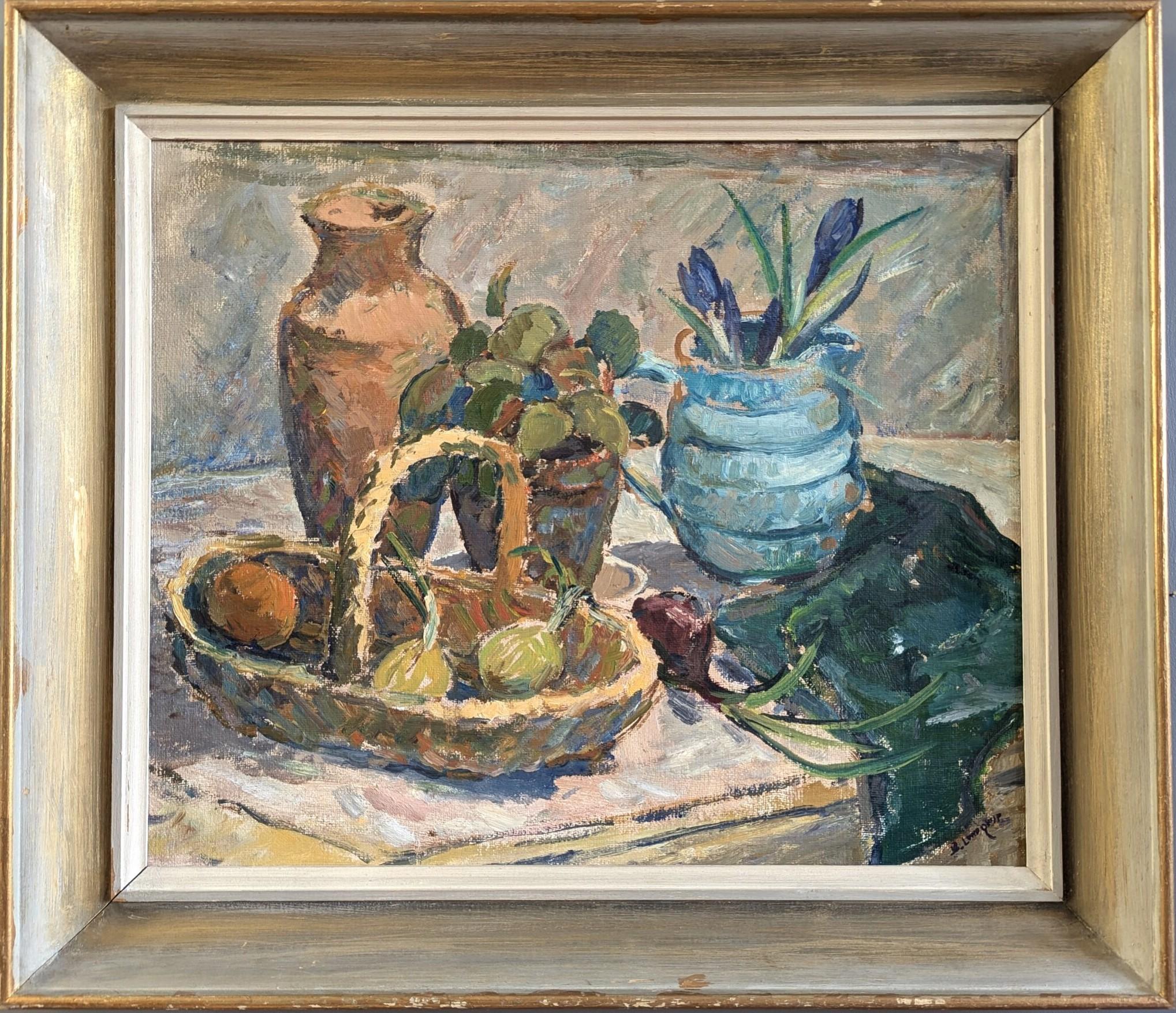 Pintura al óleo sueca expresiva de bodegón moderno de mediados de siglo - Cesta de fruta