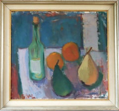 Mid Century Modern Swedish Expressive Still Life Oil Painting - Bottle & Fruit
