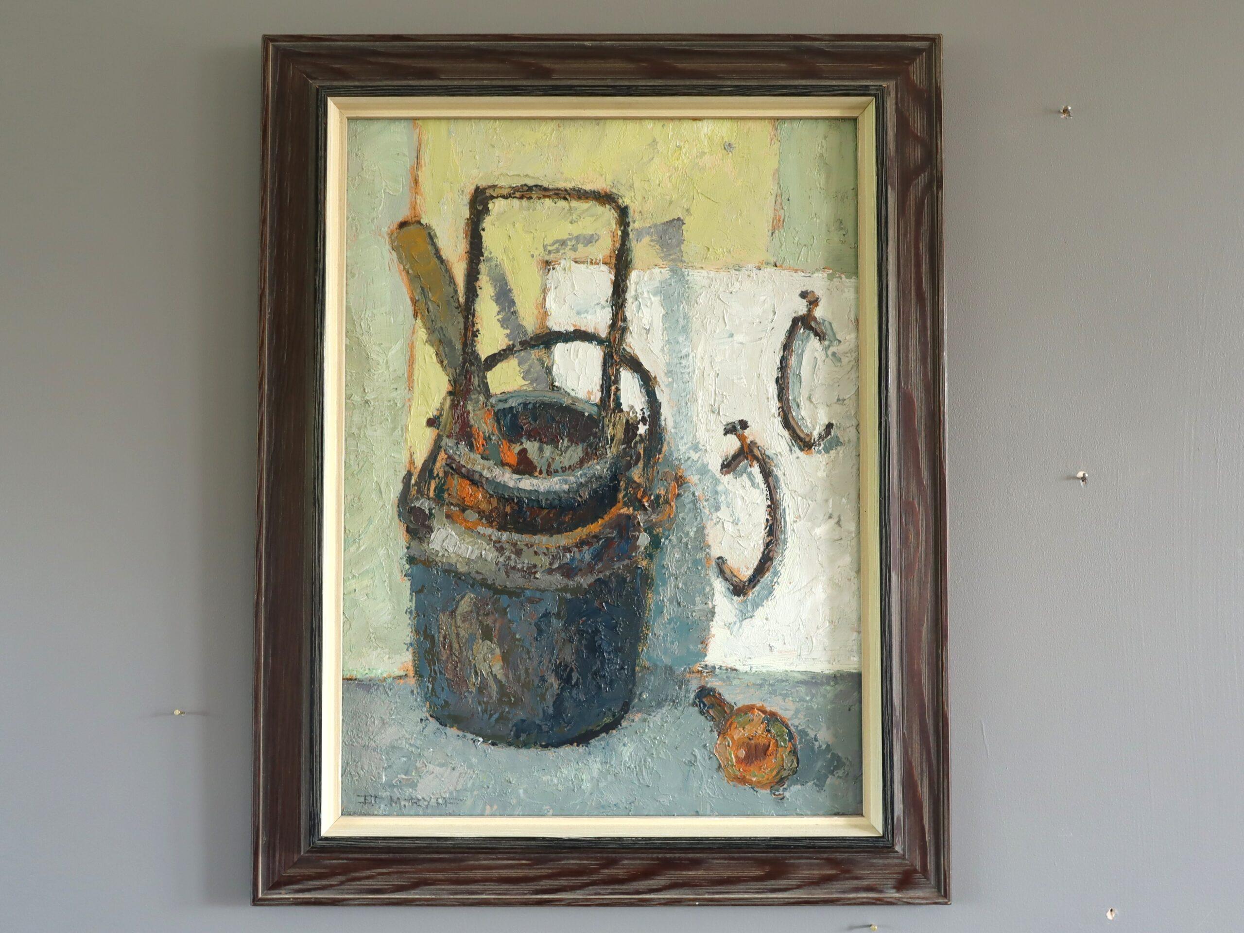 Mid Century Modern Swedish Expressive Still Life Oil Painting -  Buckets & Hooks - Gray Still-Life Painting by Unknown