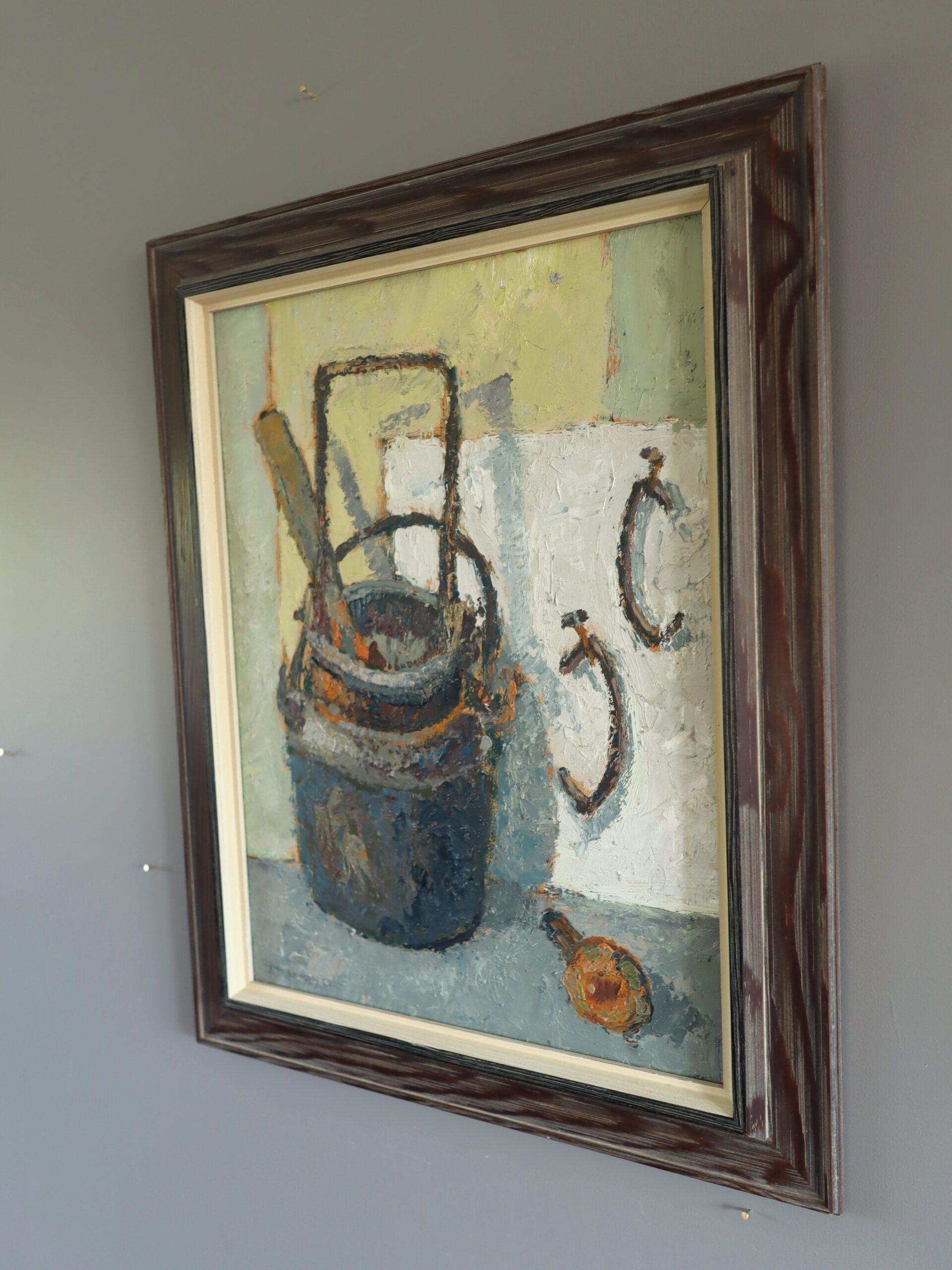 Mid Century Modern Swedish Expressive Still Life Oil Painting -  Buckets & Hooks For Sale 2