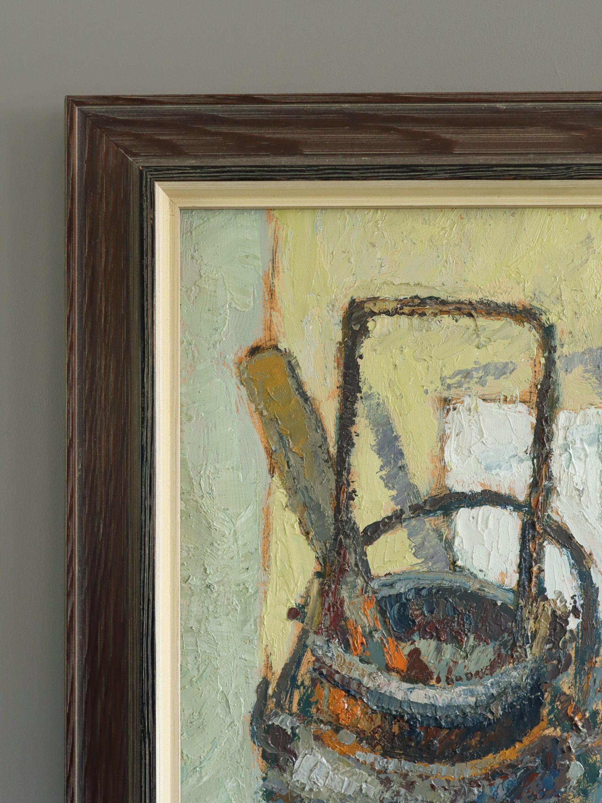 Mid Century Modern Swedish Expressive Still Life Oil Painting -  Buckets & Hooks For Sale 3