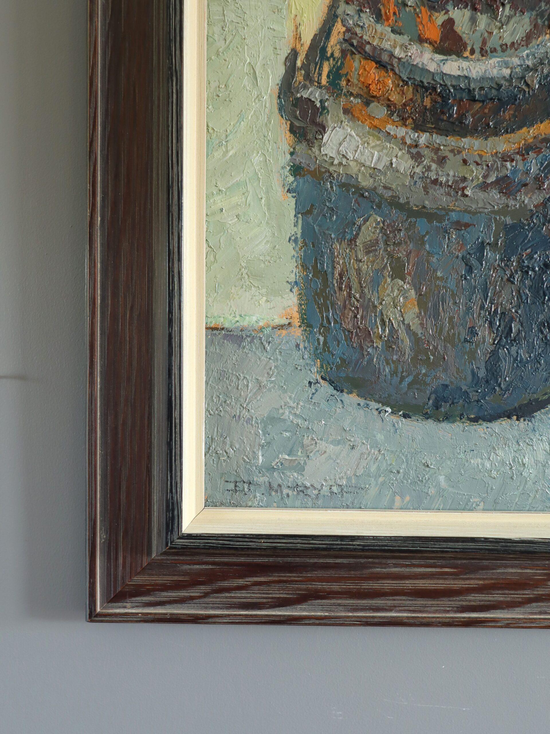 Mid Century Modern Swedish Expressive Still Life Oil Painting -  Buckets & Hooks For Sale 4