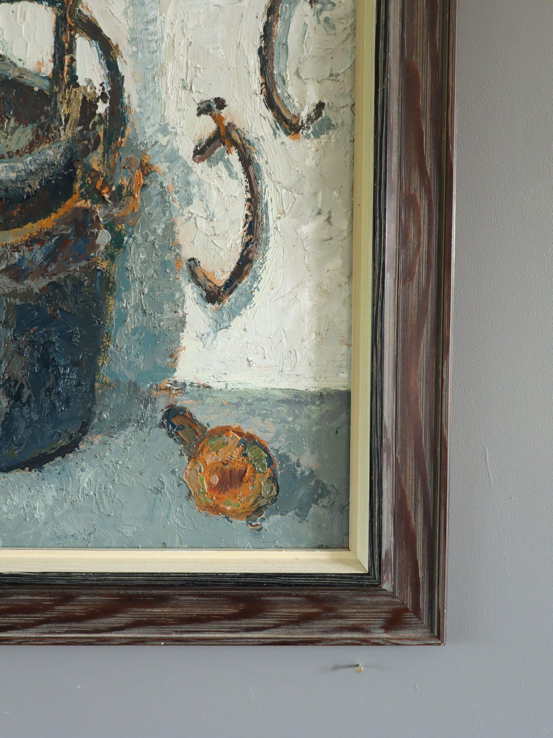 Mid Century Modern Swedish Expressive Still Life Oil Painting -  Buckets & Hooks For Sale 5