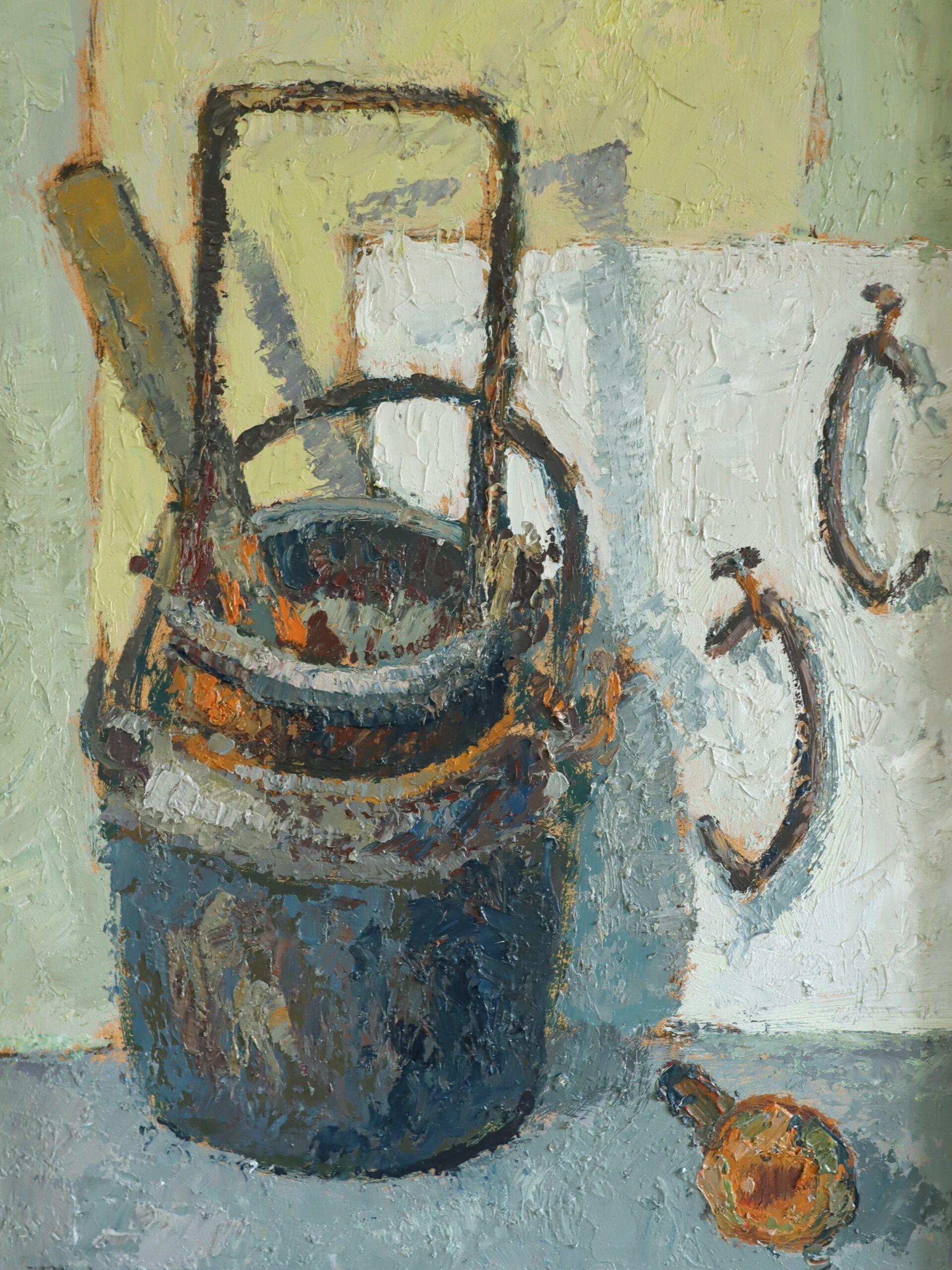 Mid Century Modern Swedish Expressive Still Life Oil Painting -  Buckets & Hooks For Sale 6